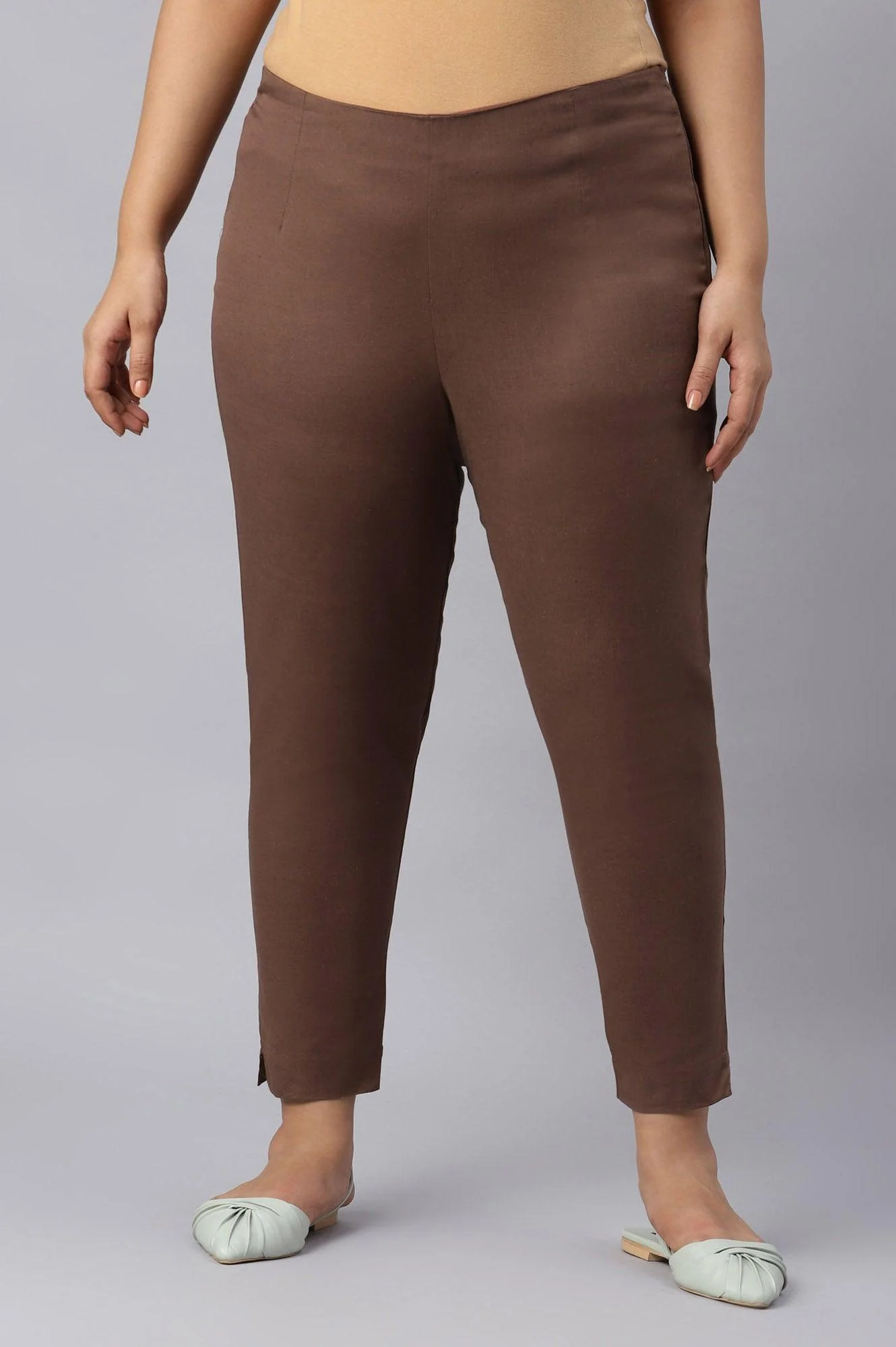 Deep Brown Solid Women Plus Size Slim Pants