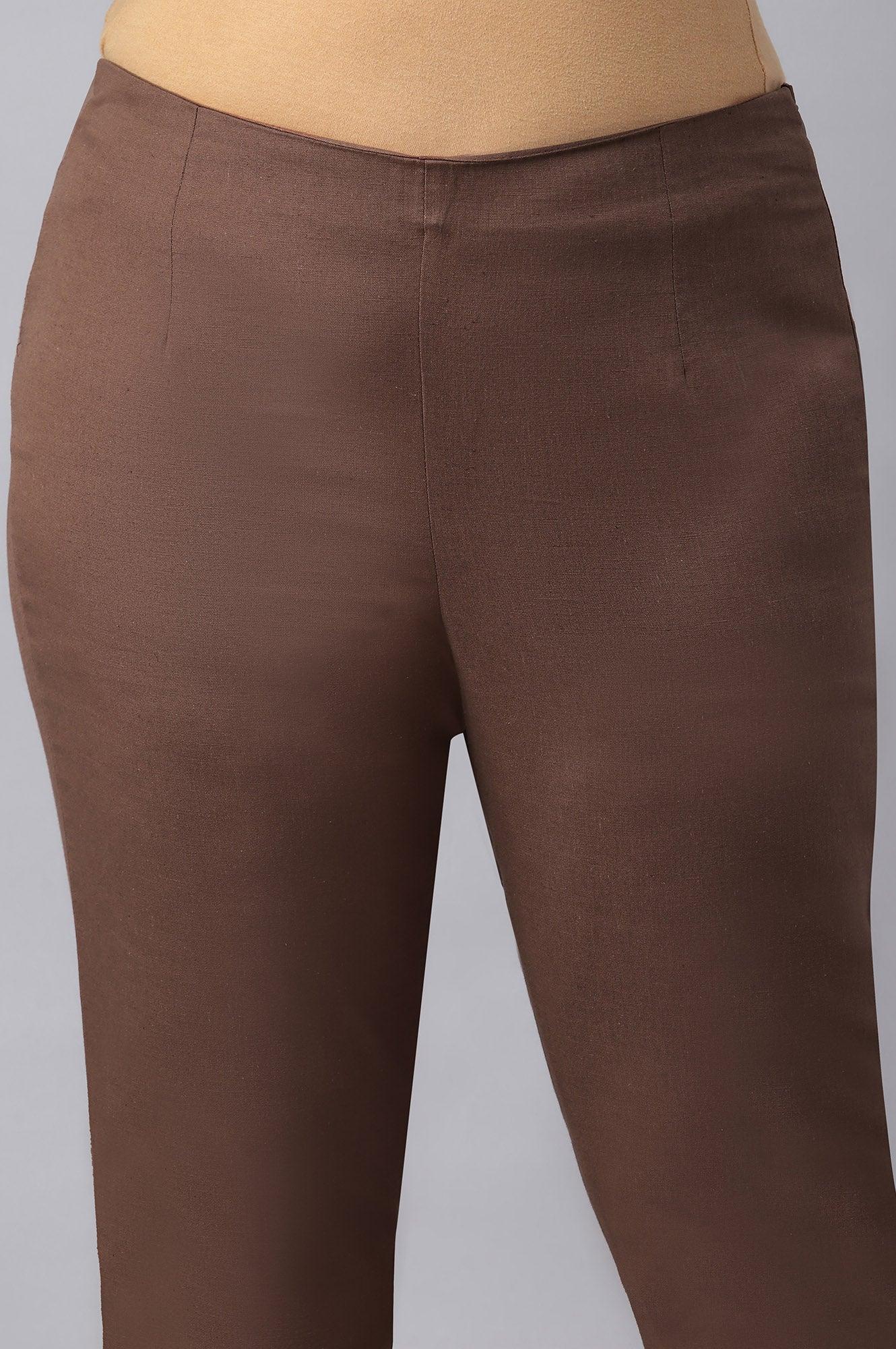 Deep Brown Solid Women Plus Size Slim Pants - Image 6