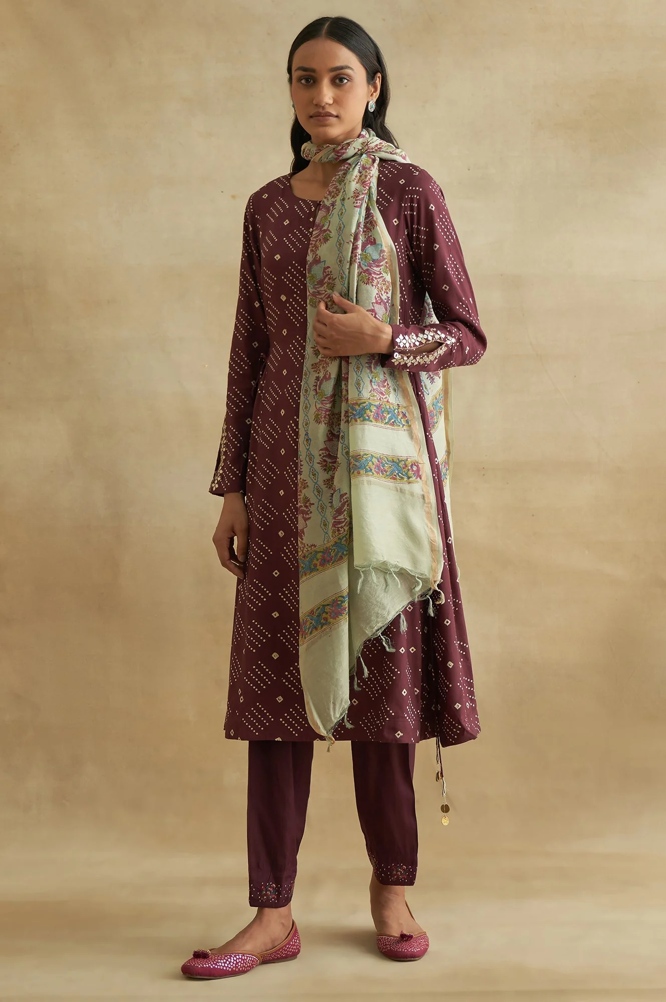 Deep Burgundy Bandhej Print kurta - Image 5