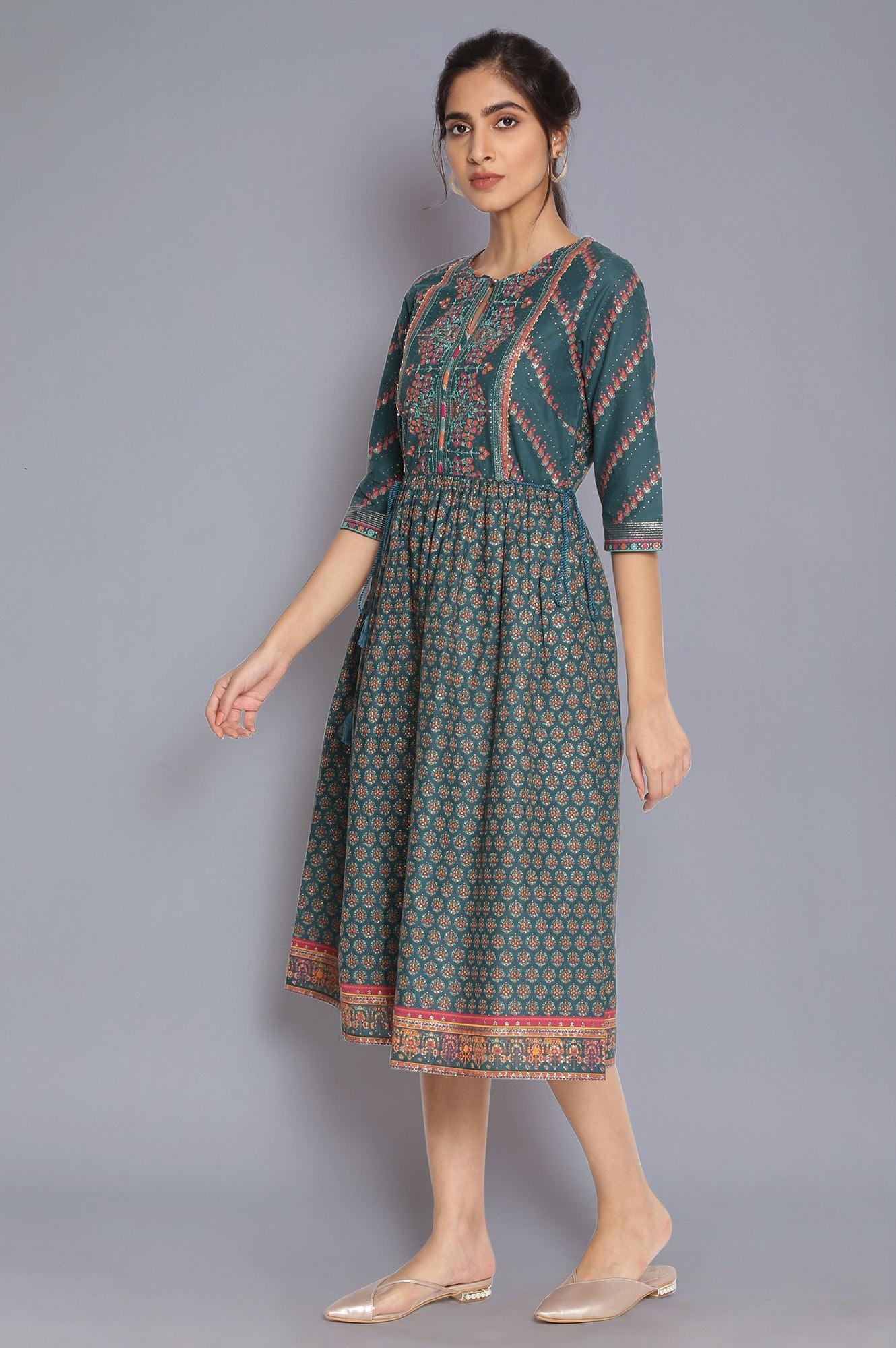 Deep Green Printed Dress with Sequin - Image 3