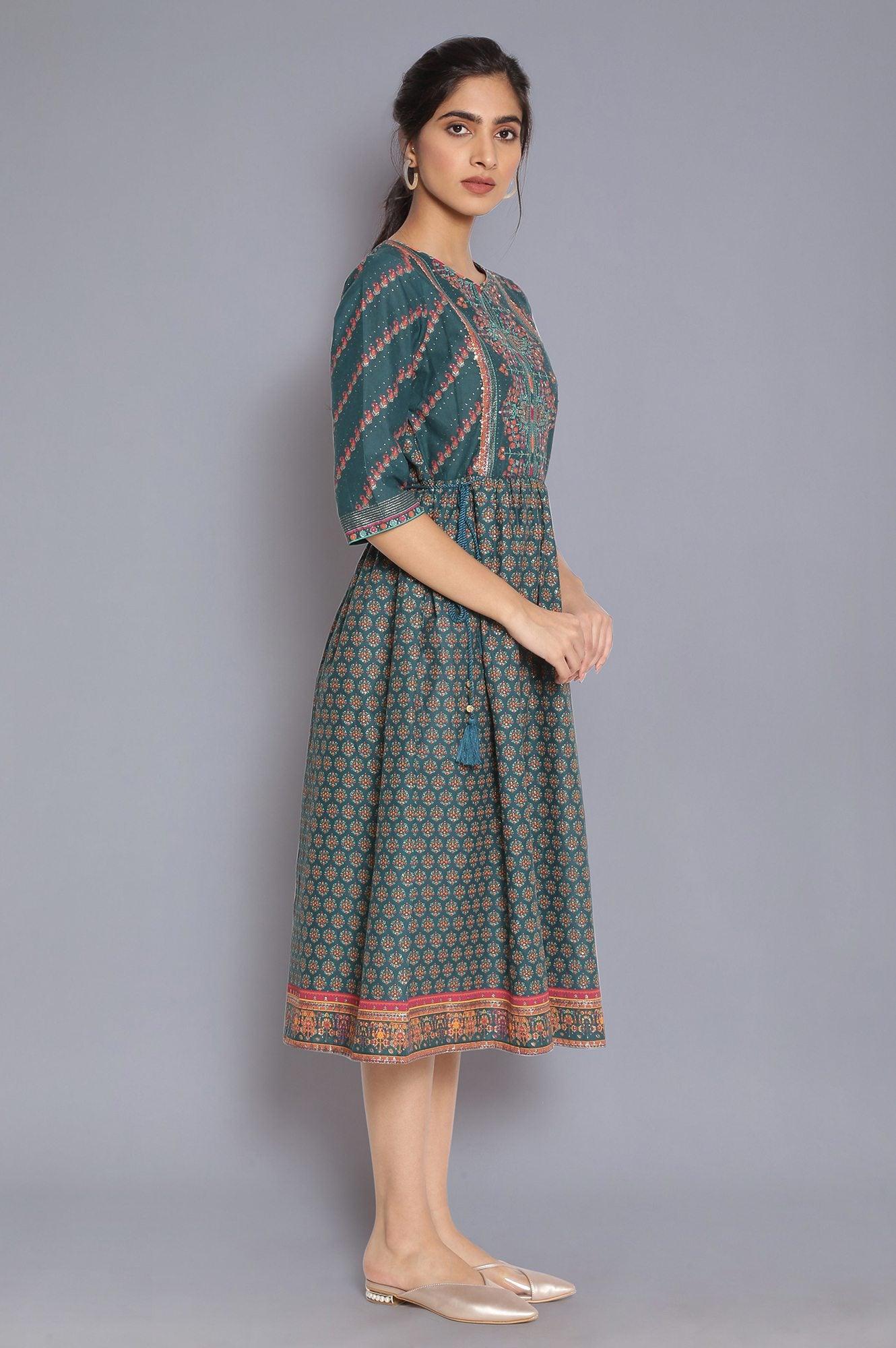 Deep Green Printed Dress with Sequin - Image 4