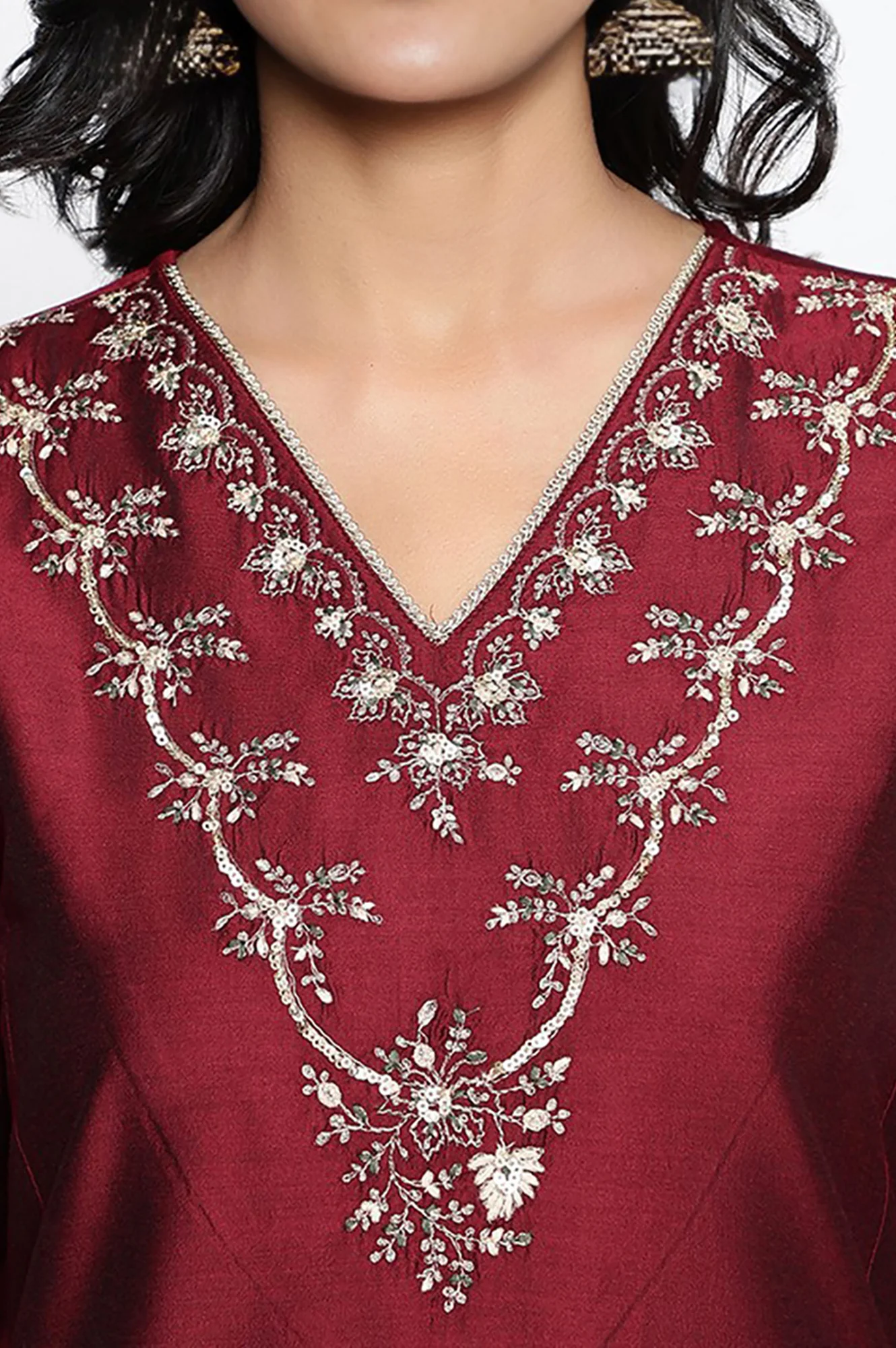 Deep Maroon Solid Printed Flared Kurta - Image 2