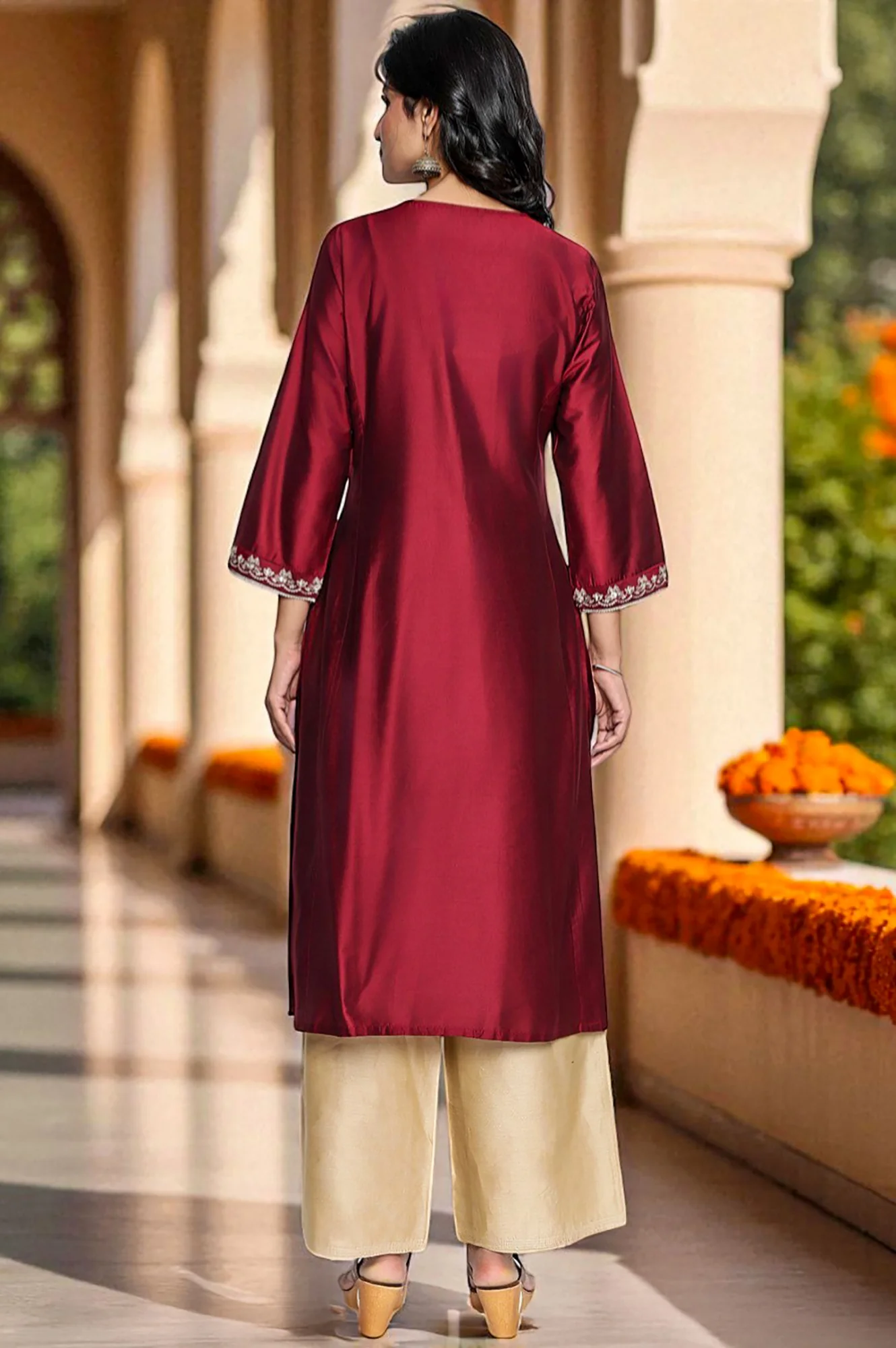 Deep Maroon Solid Printed Flared Kurta - Image 4