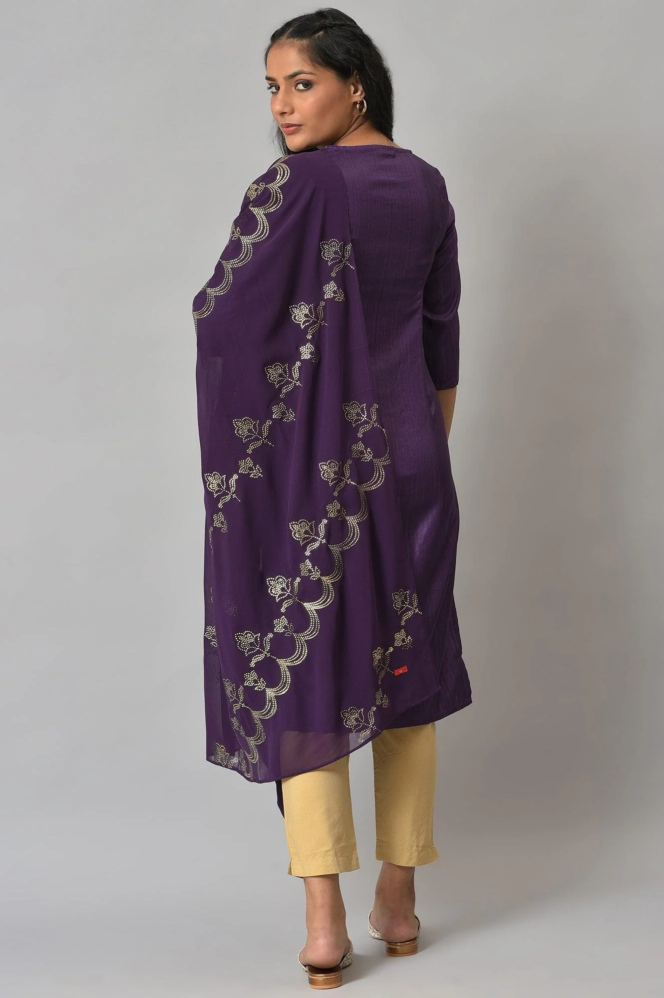 Deep Purple Embroidered Karnataka Silk Kurta, Green Slim Pants and Mukaish Dupatta Set - Image 2