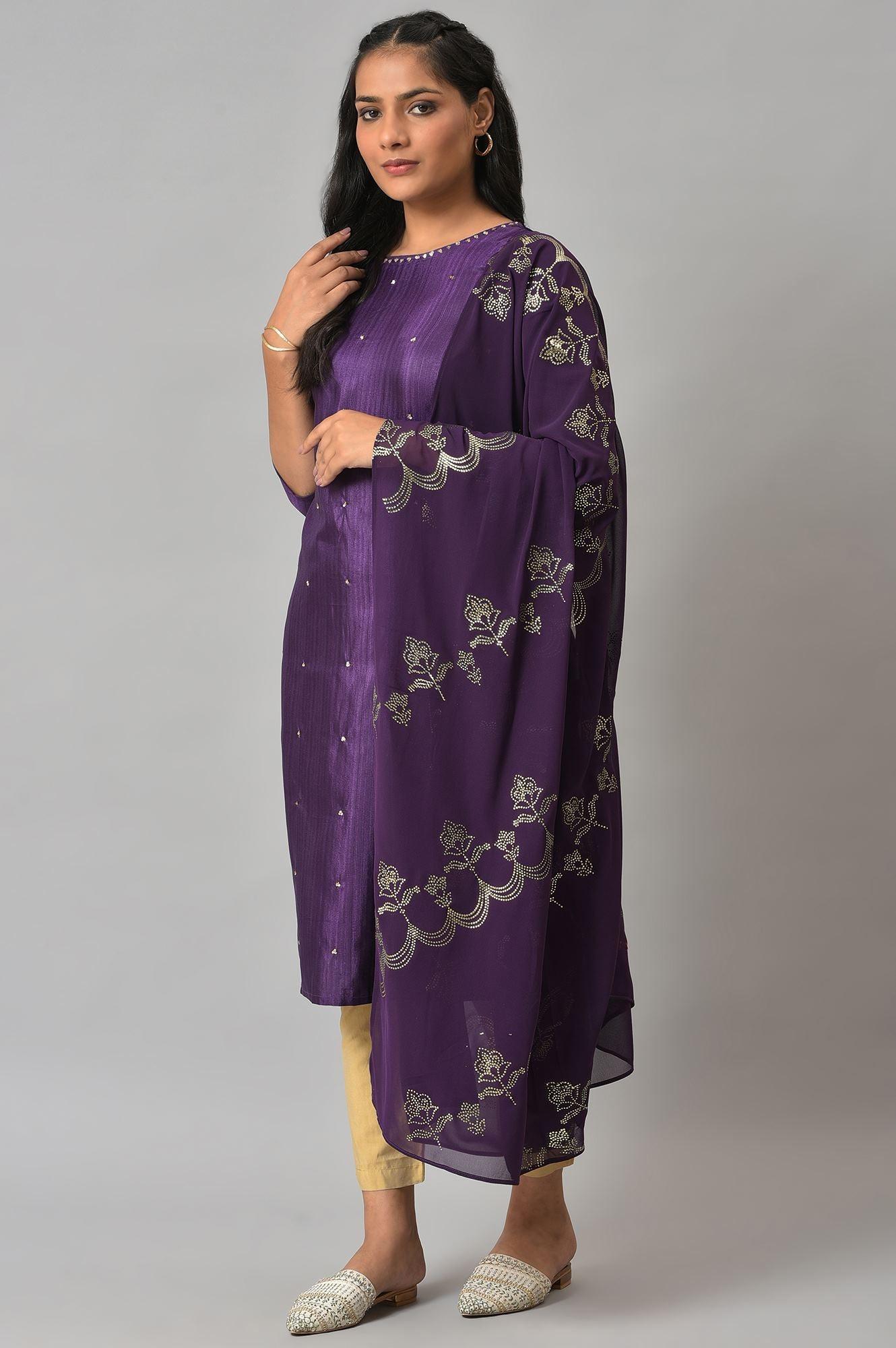Deep Purple Embroidered Karnataka Silk Kurta, Green Slim Pants and Mukaish Dupatta Set - Image 3