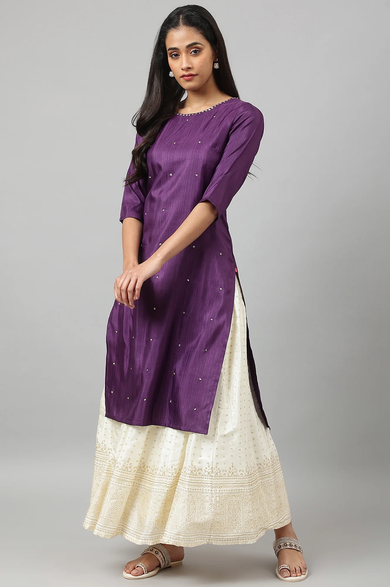 Deep Purple Solid Sequinned Viscose Straight Kurta - Image 5