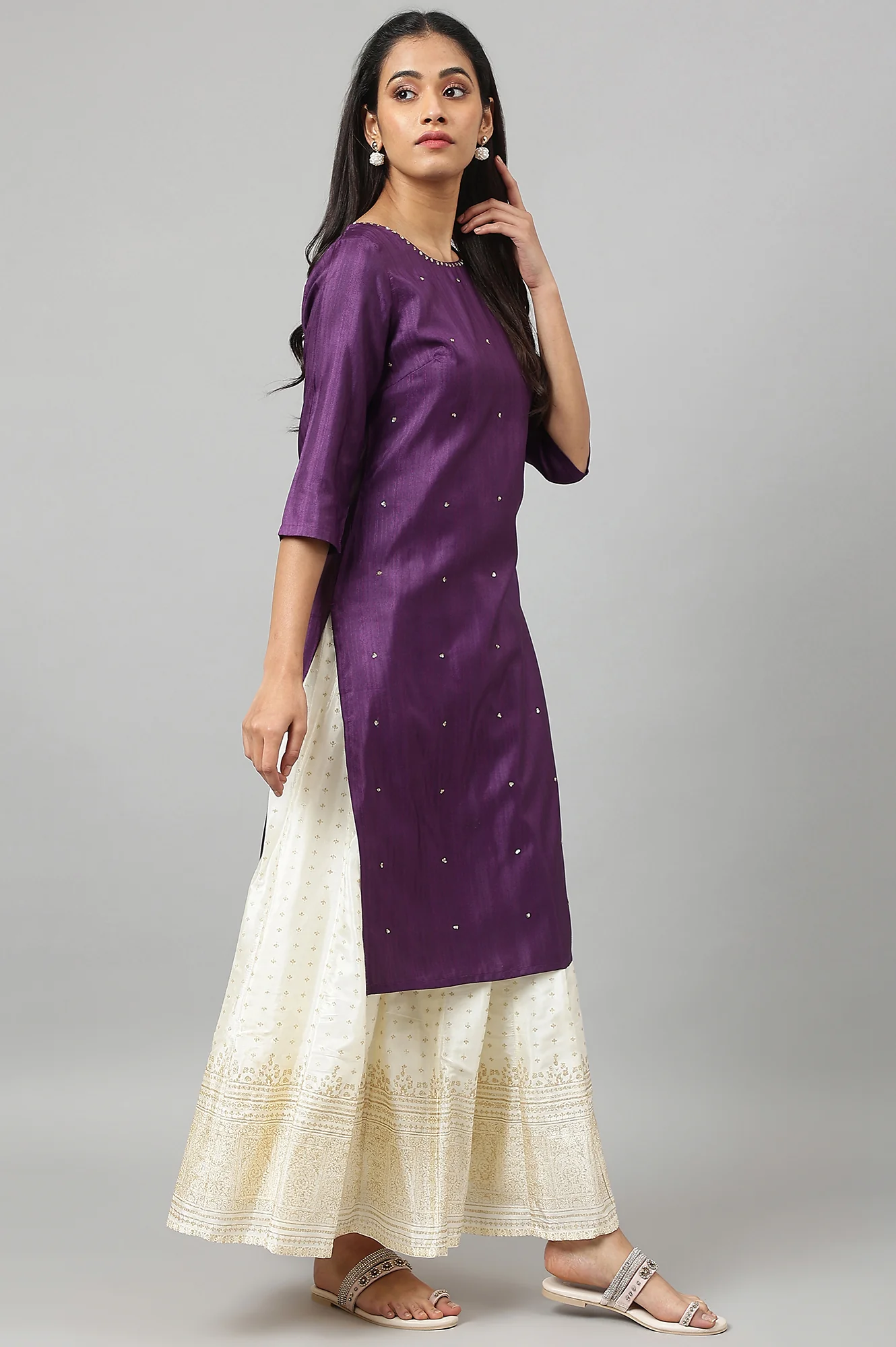 Deep Purple Solid Sequinned Viscose Straight Kurta - Image 6