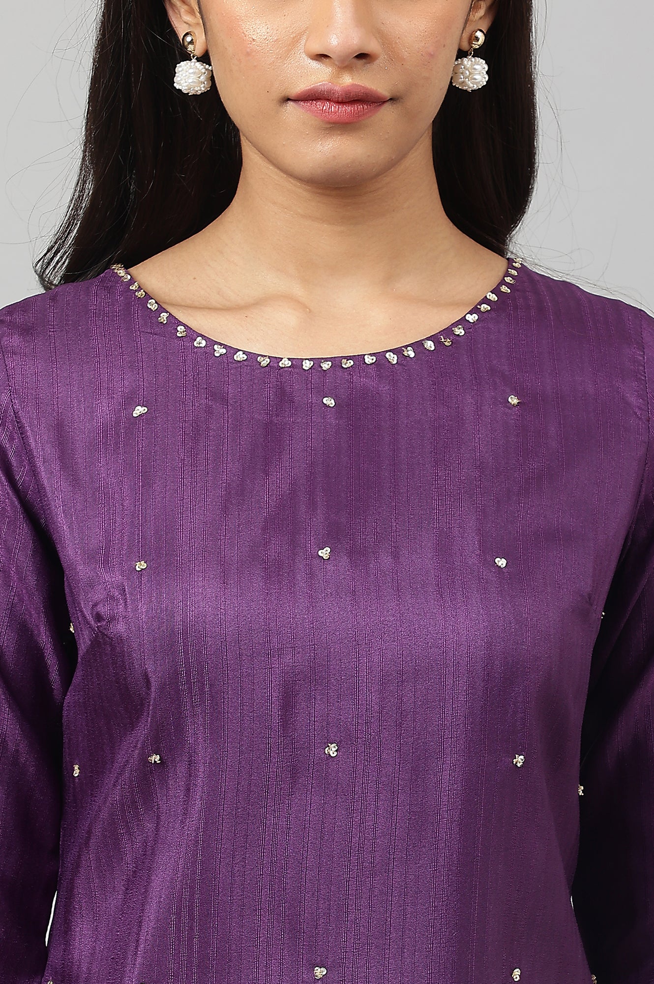 Deep Purple Solid Sequinned Viscose Straight Kurta - Image 8