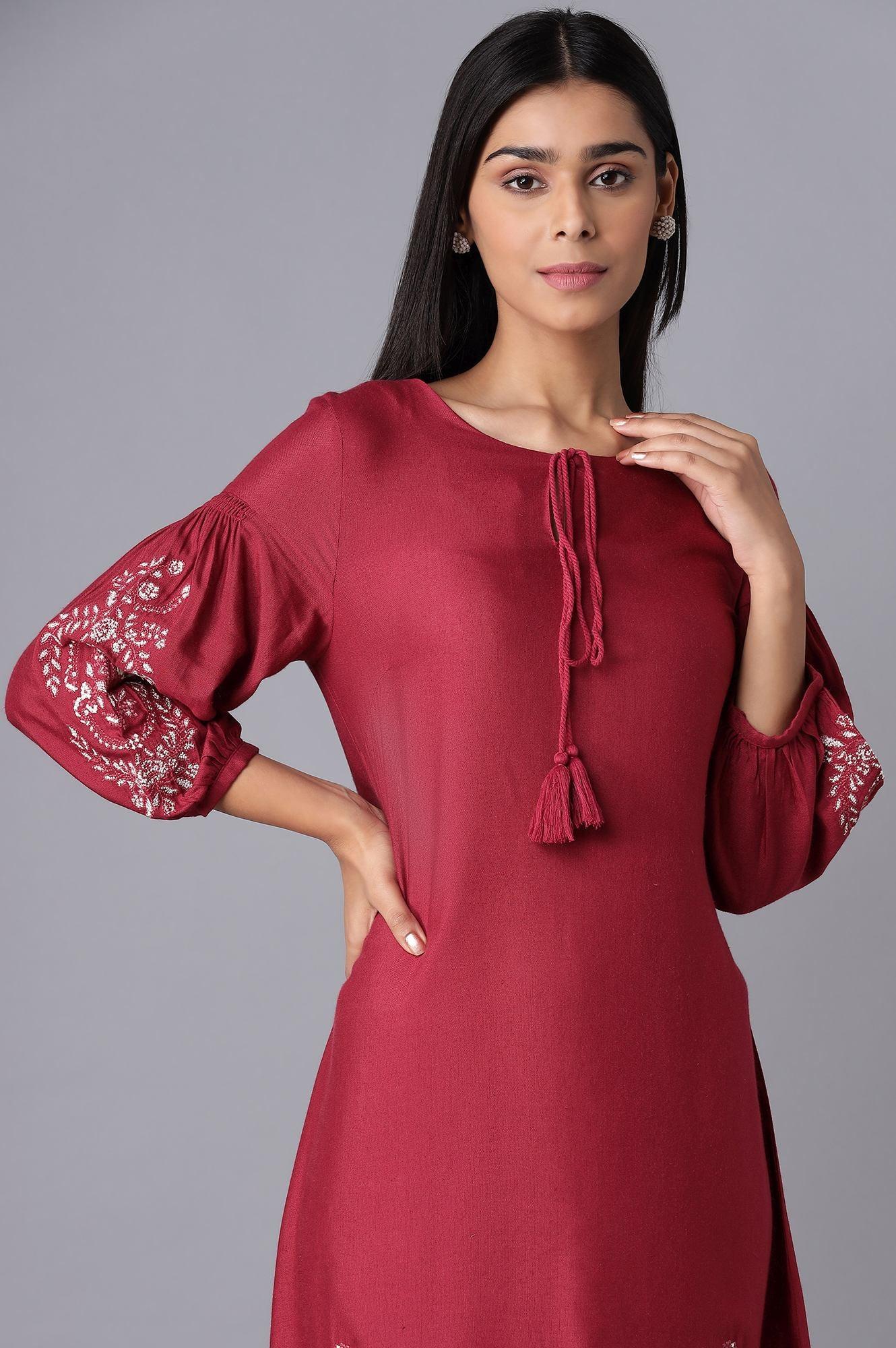 Deep Red Embroidered Dress - Image 5