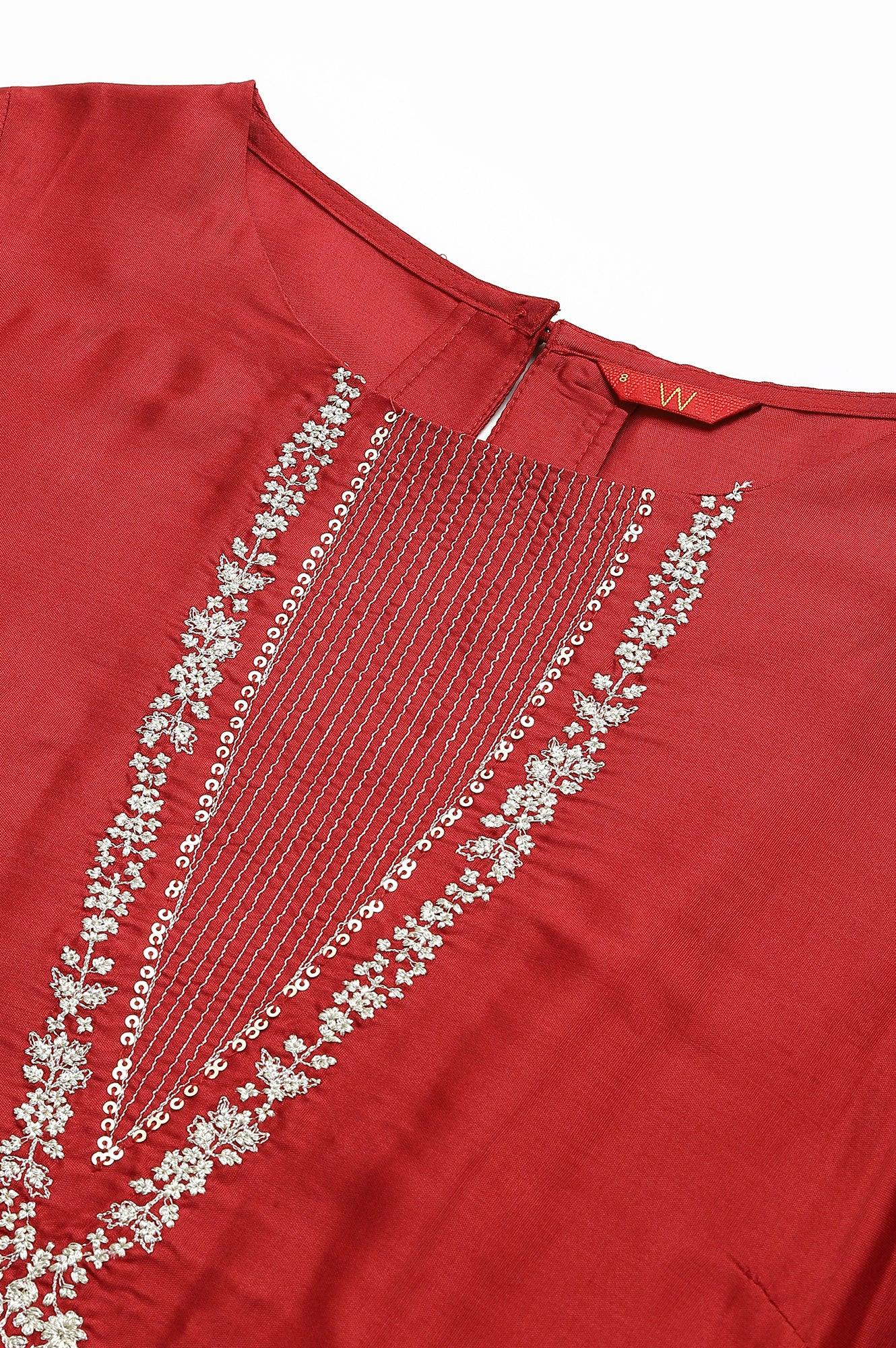 Deep Red Embroidered Festive kurta - Image 2