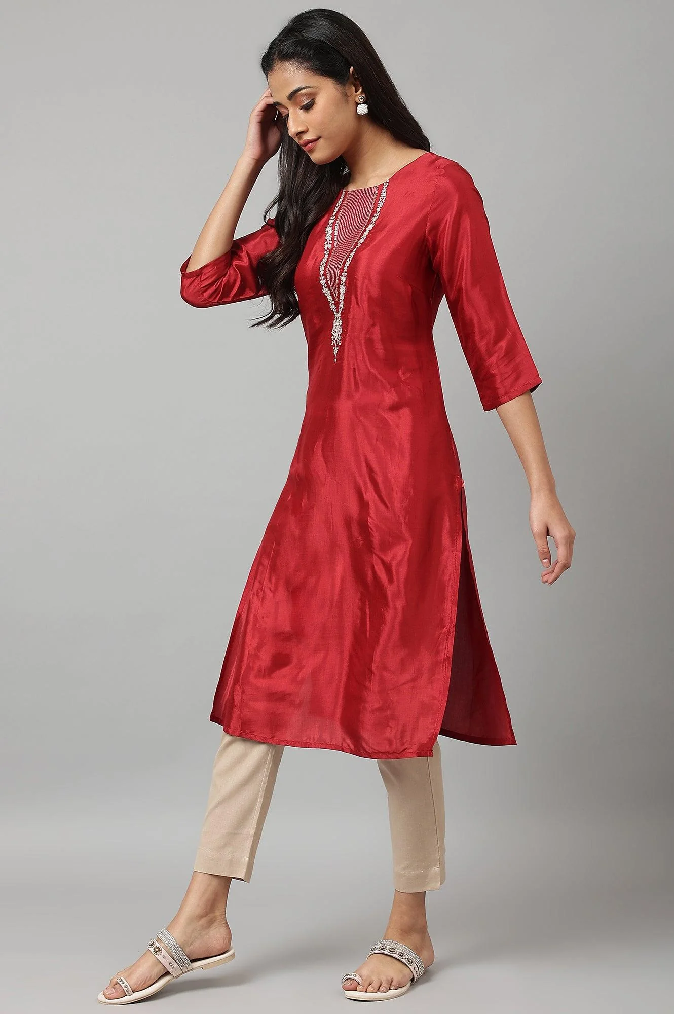 Deep Red Embroidered Festive kurta - Image 3
