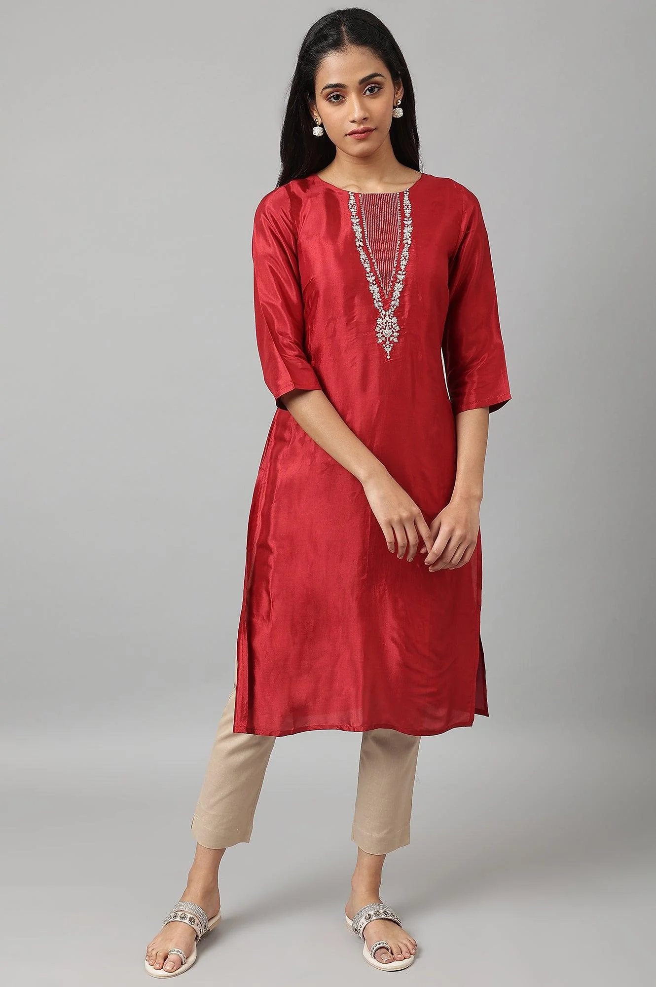 Deep Red Embroidered Festive kurta - Image 5