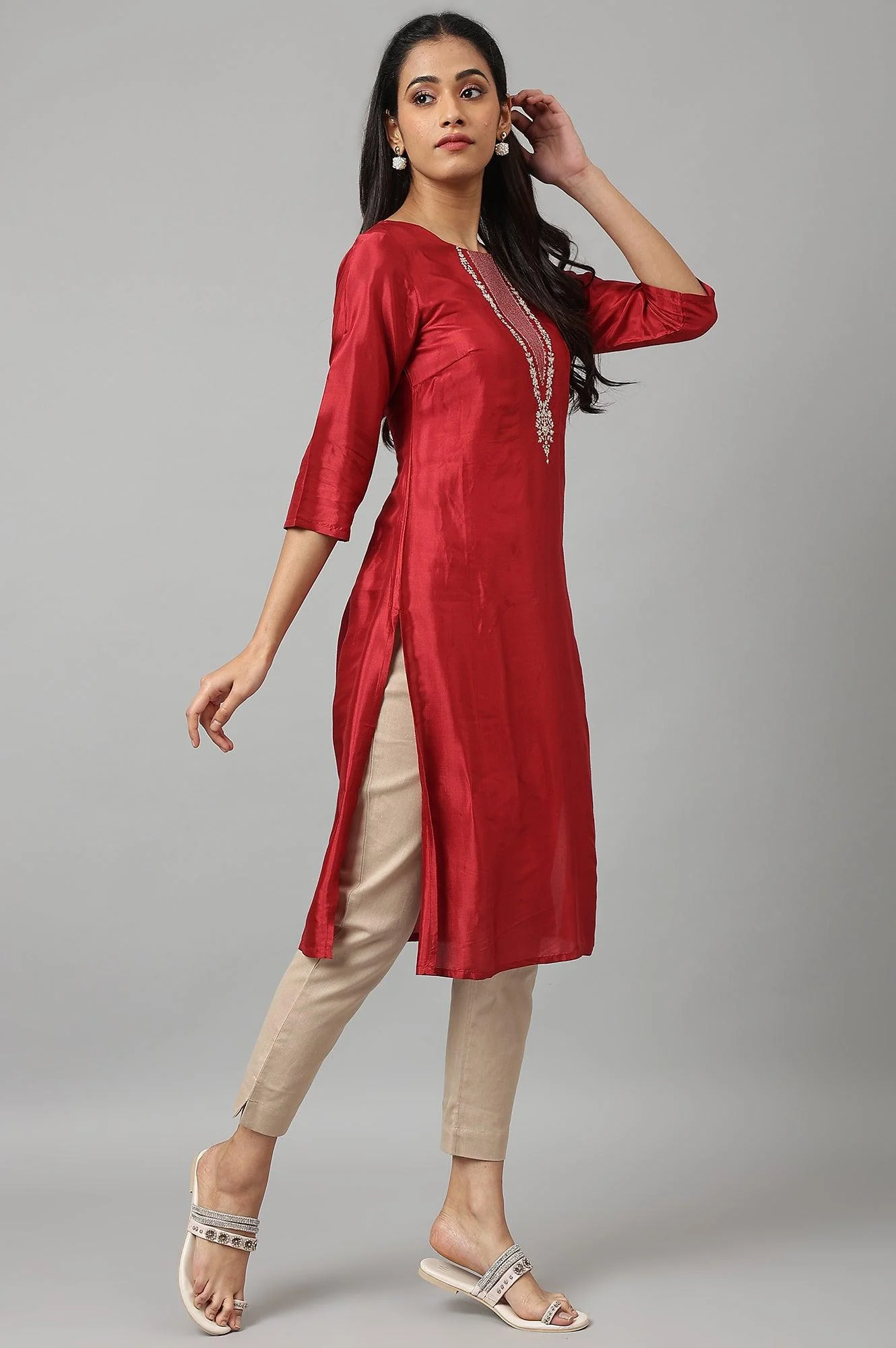 Deep Red Embroidered Festive kurta - Image 6