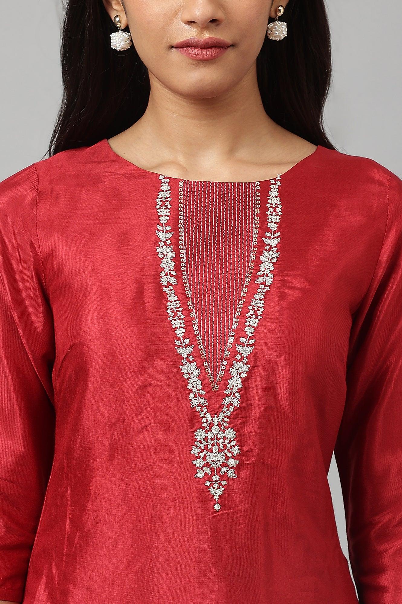 Deep Red Embroidered Festive kurta - Image 8