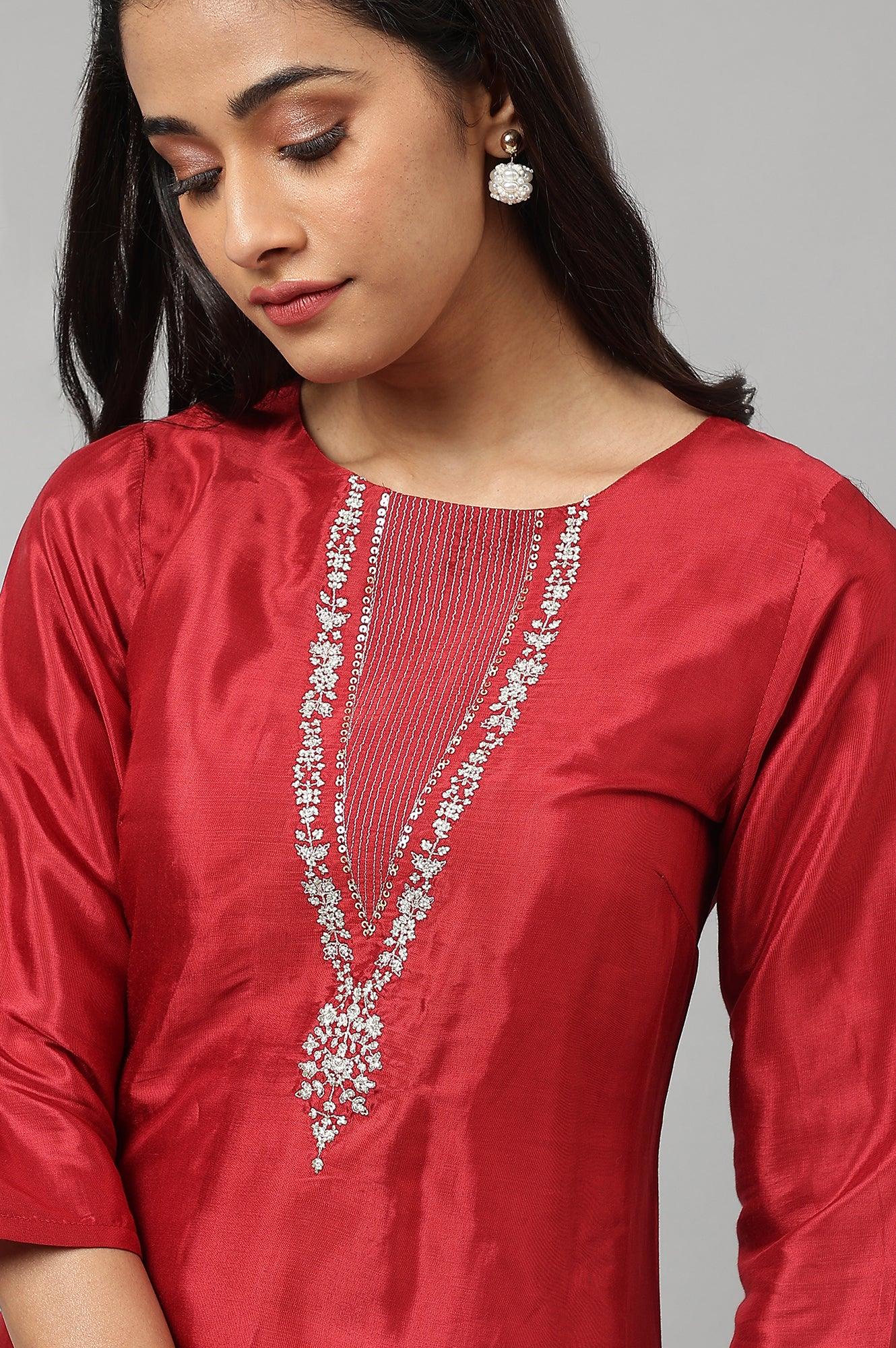 Deep Red Embroidered Festive kurta - Image 9
