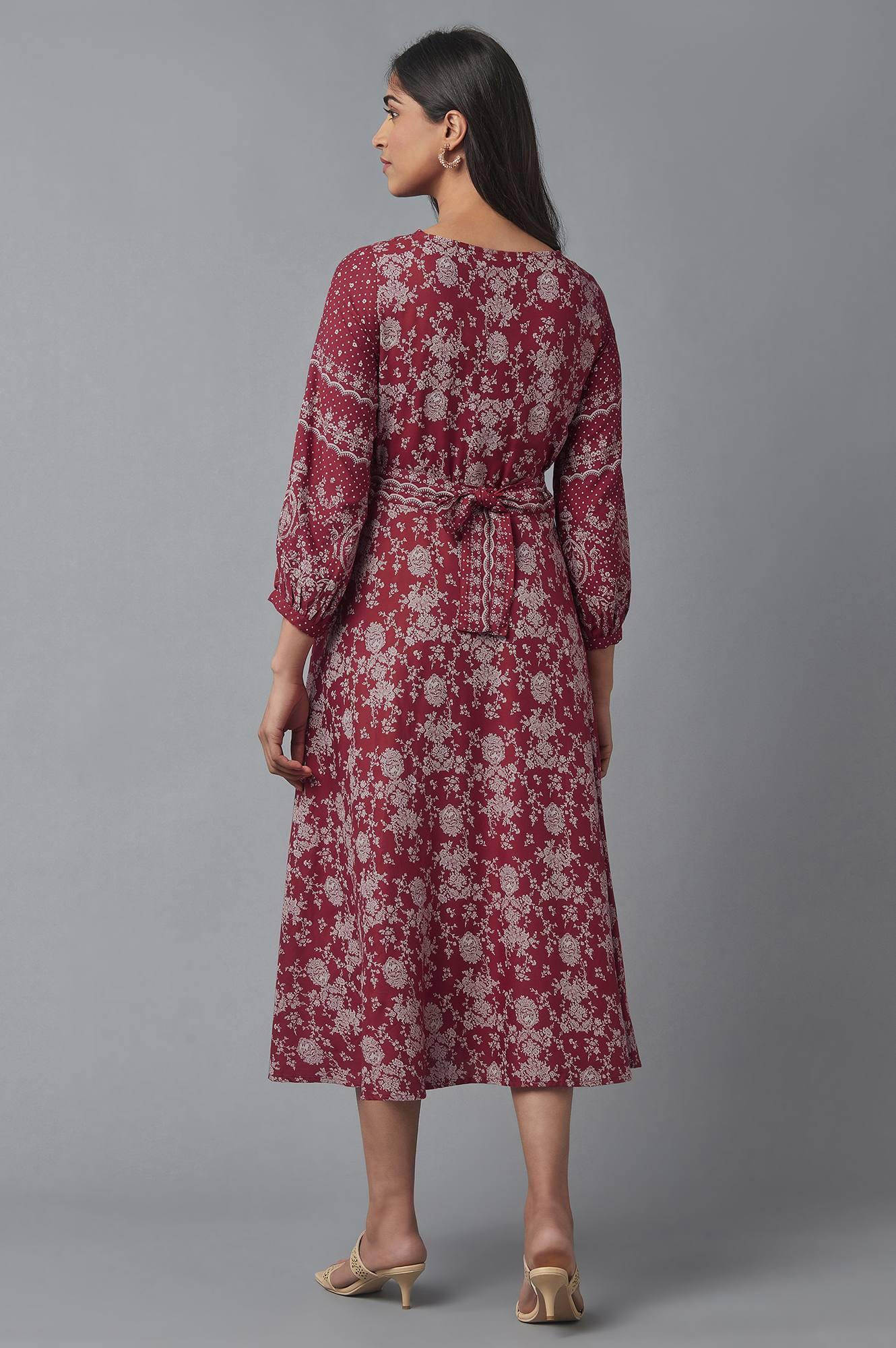 Deep Red Printed Flared Dress - Image 2