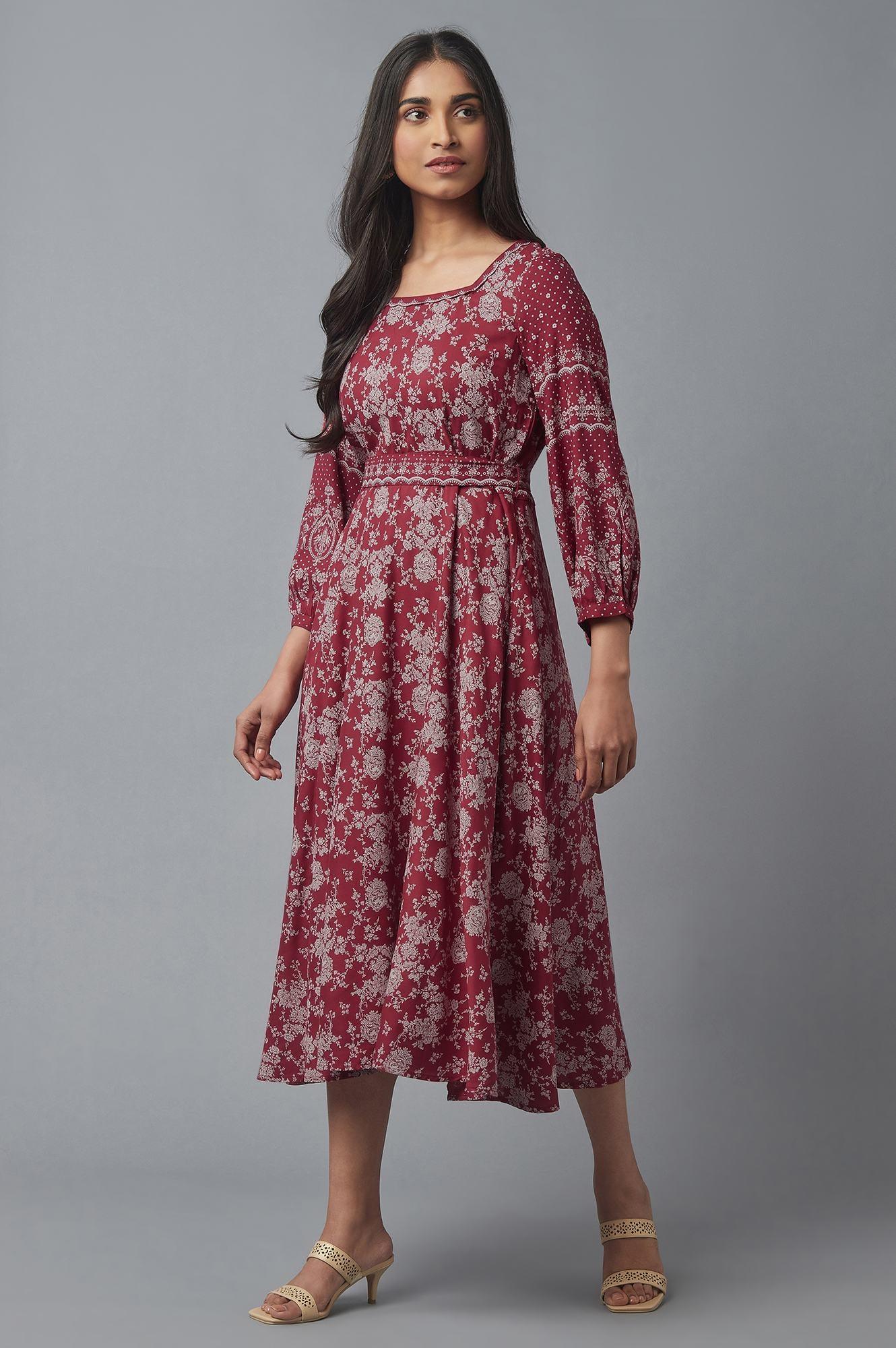 Deep Red Printed Flared Dress - Image 3