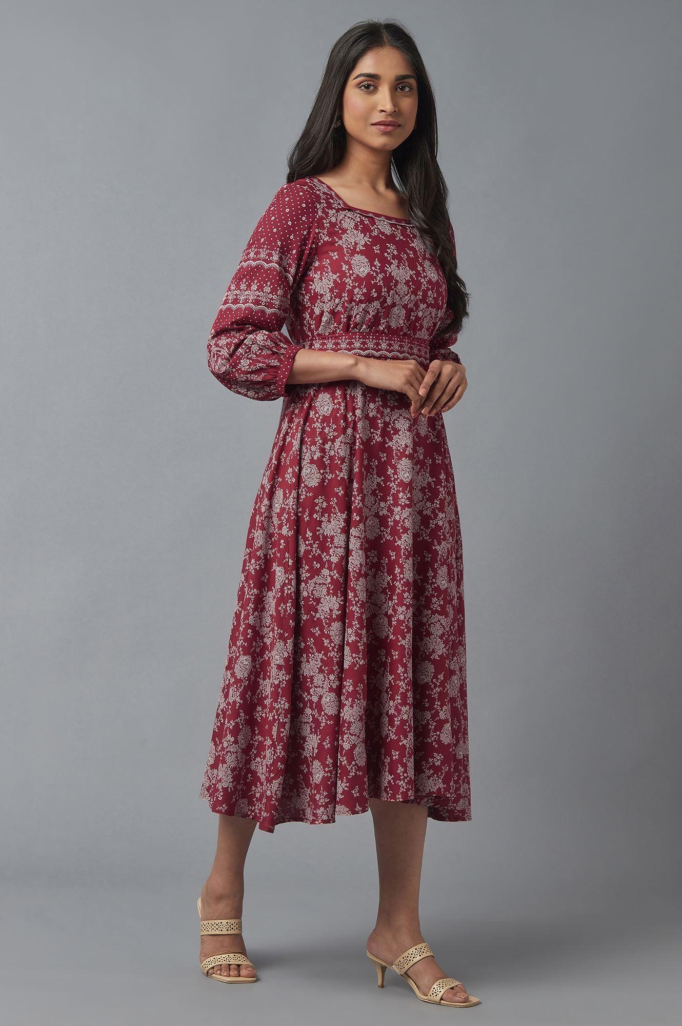 Deep Red Printed Flared Dress - Image 4