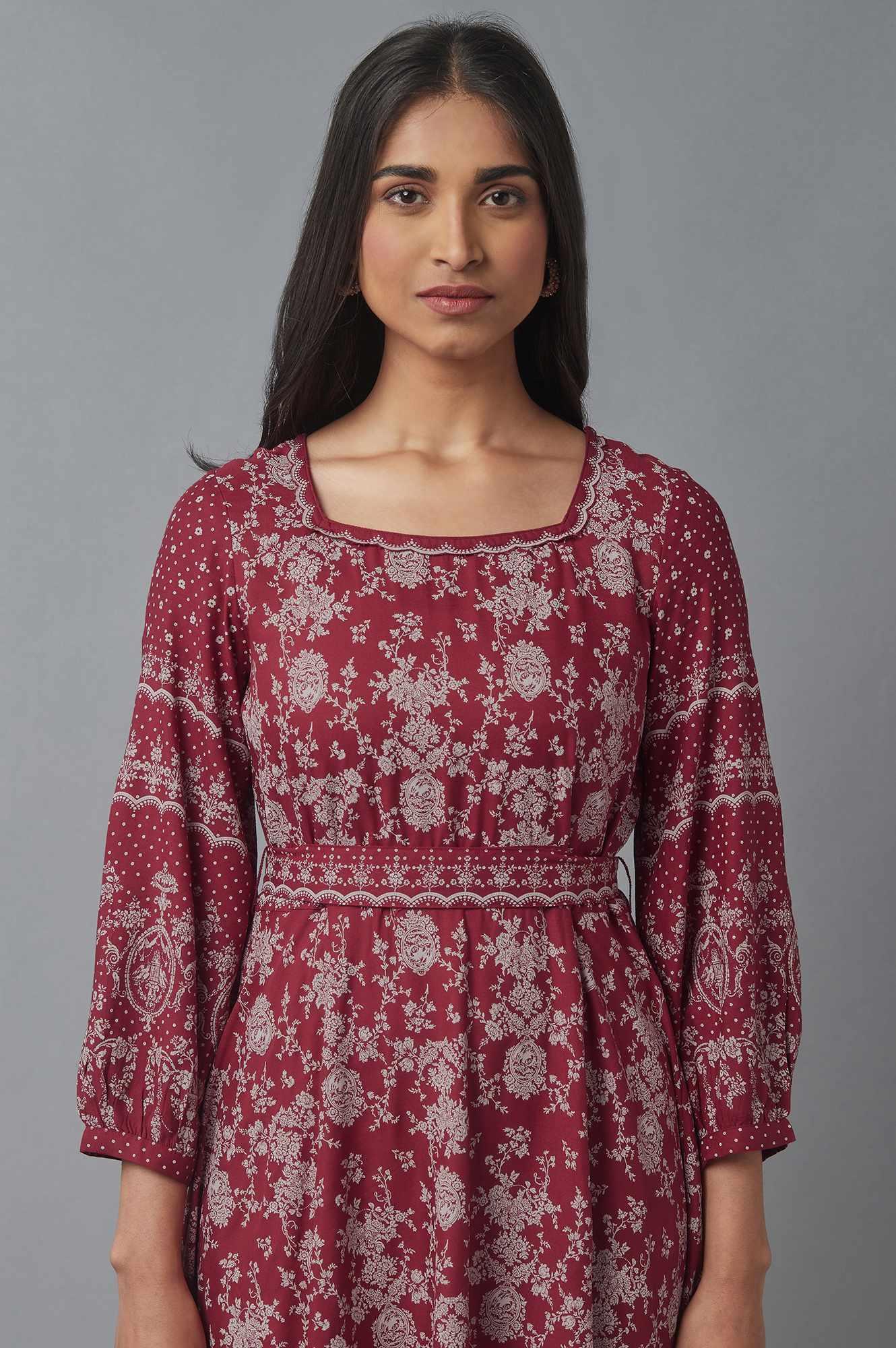 Deep Red Printed Flared Dress - Image 5
