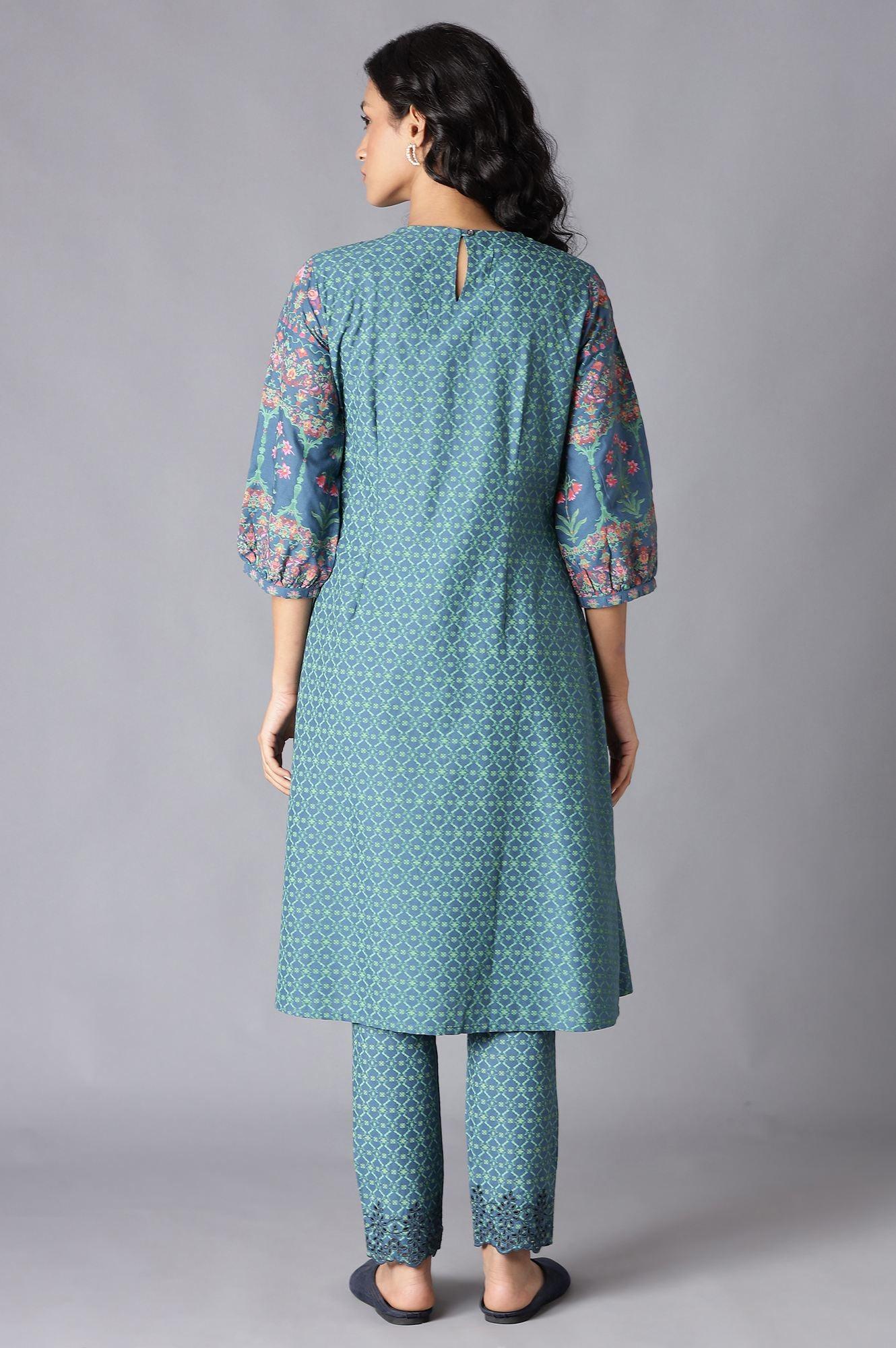 Deep Teal Floral Pleated kurta In Round Neck - Image 2