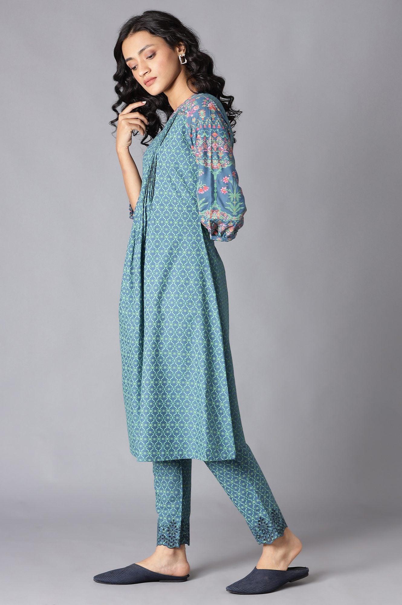 Deep Teal Floral Pleated kurta In Round Neck - Image 3