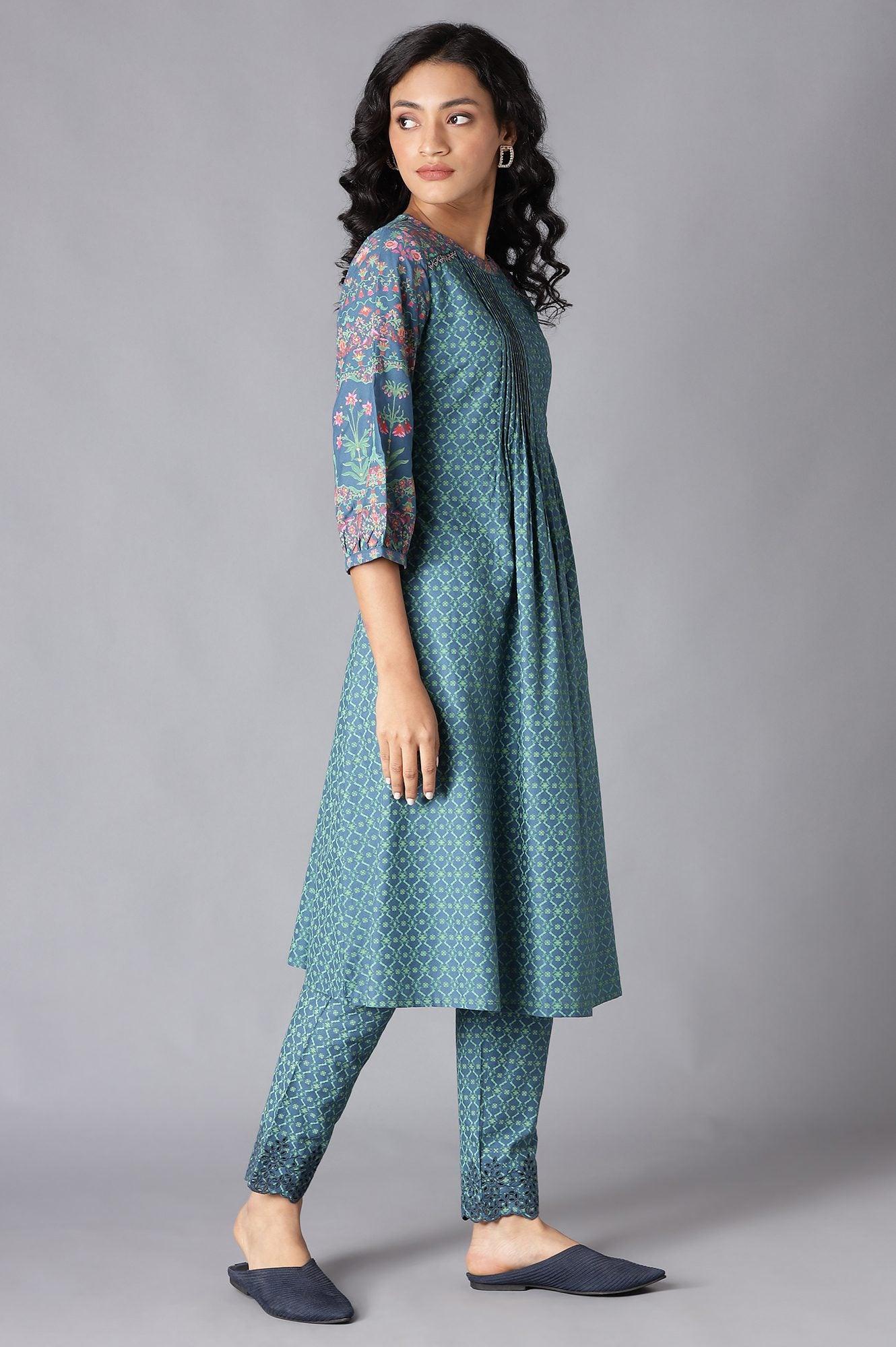 Deep Teal Floral Pleated kurta In Round Neck - Image 4