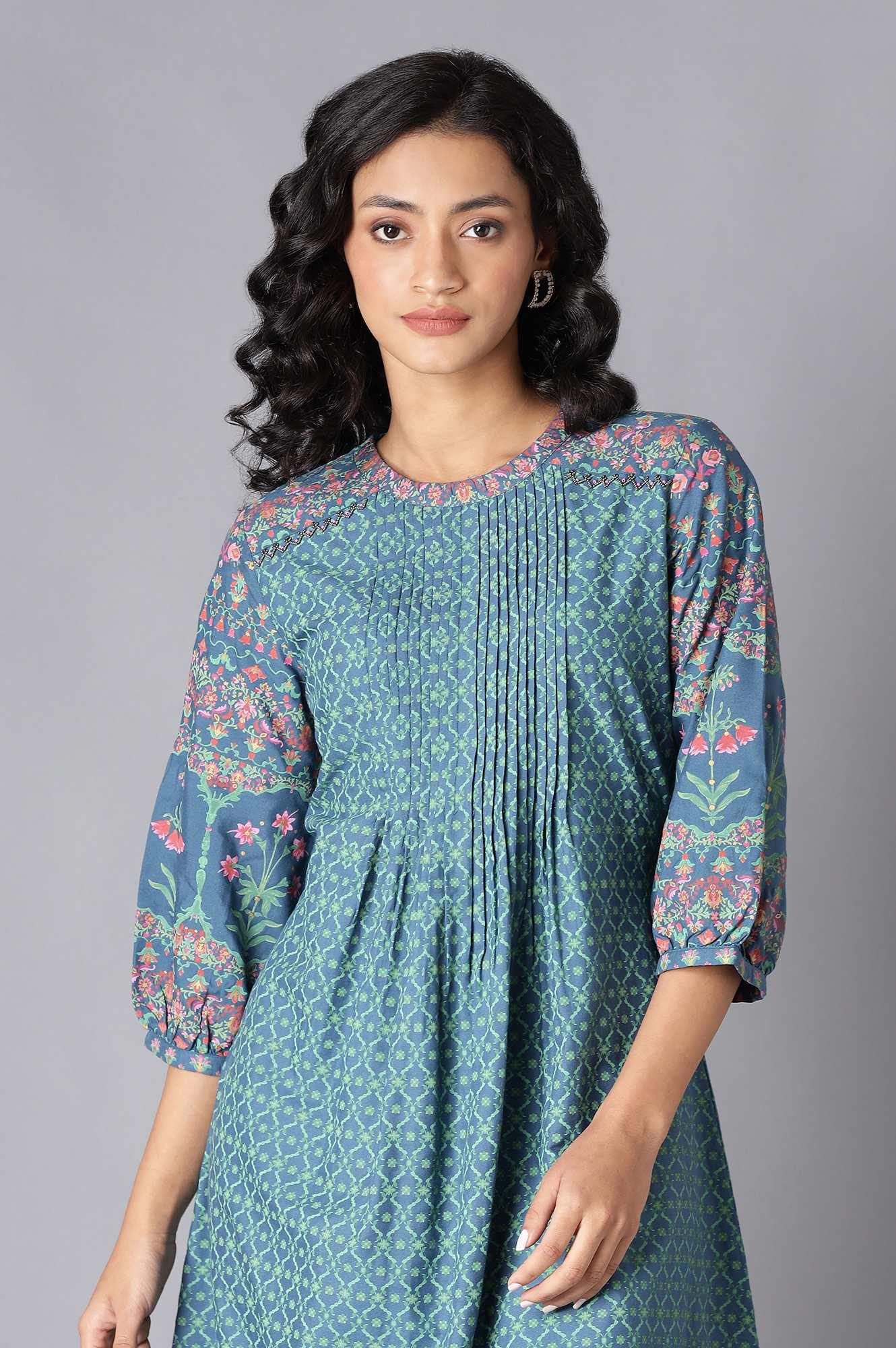 Deep Teal Floral Pleated kurta In Round Neck - Image 5