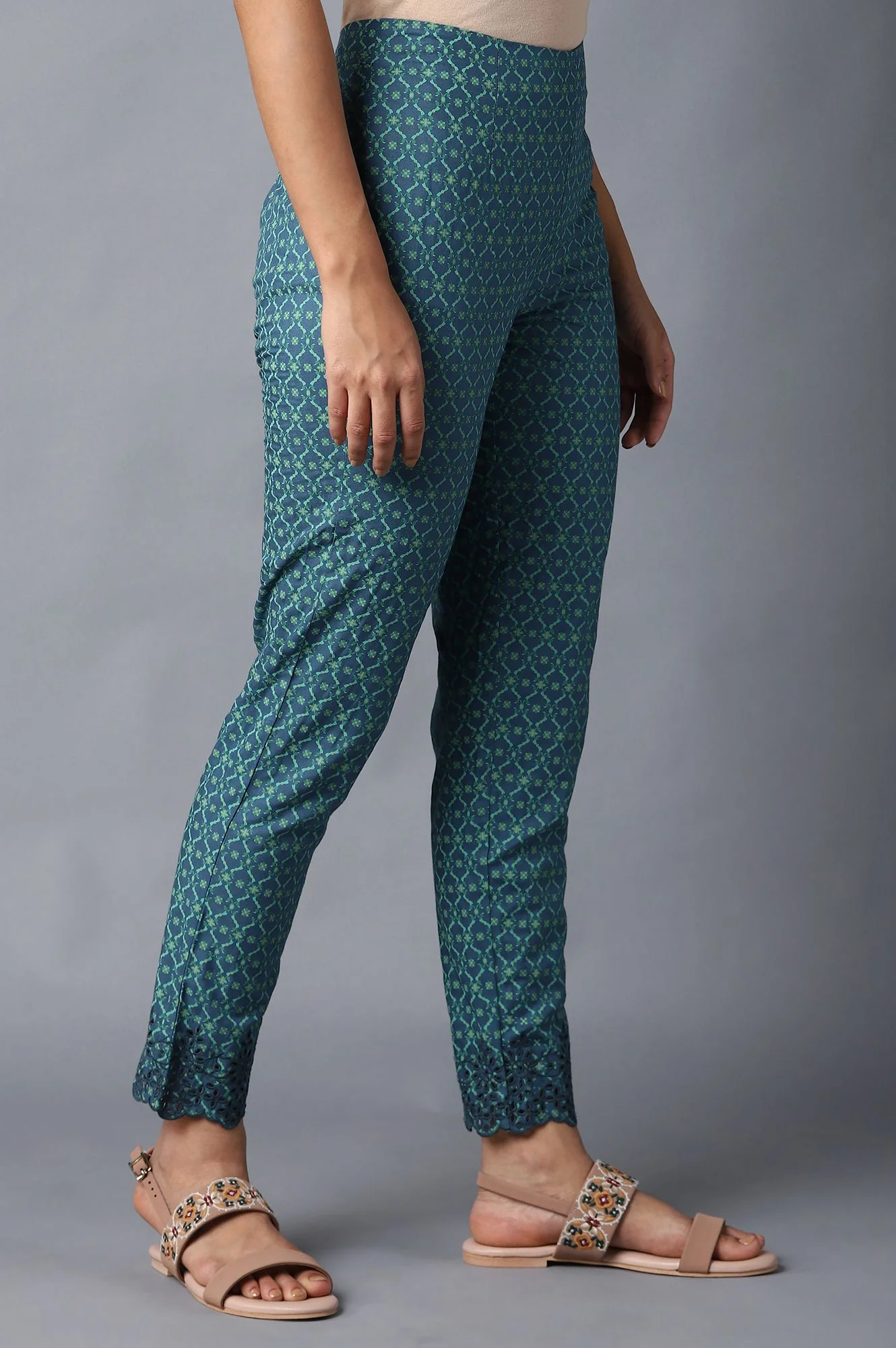 Deep Teal Printed Slim Pants With Thread Embroidery - Image 4