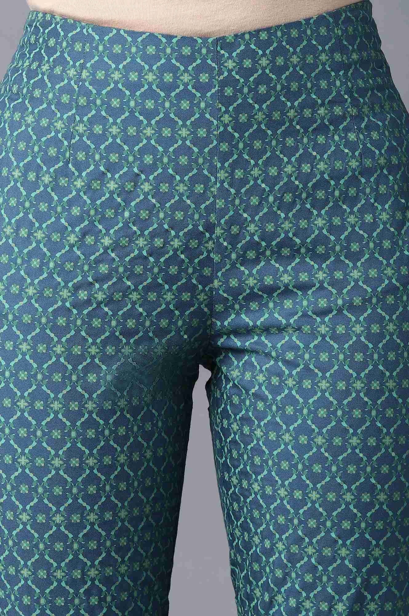 Deep Teal Printed Slim Pants With Thread Embroidery - Image 6