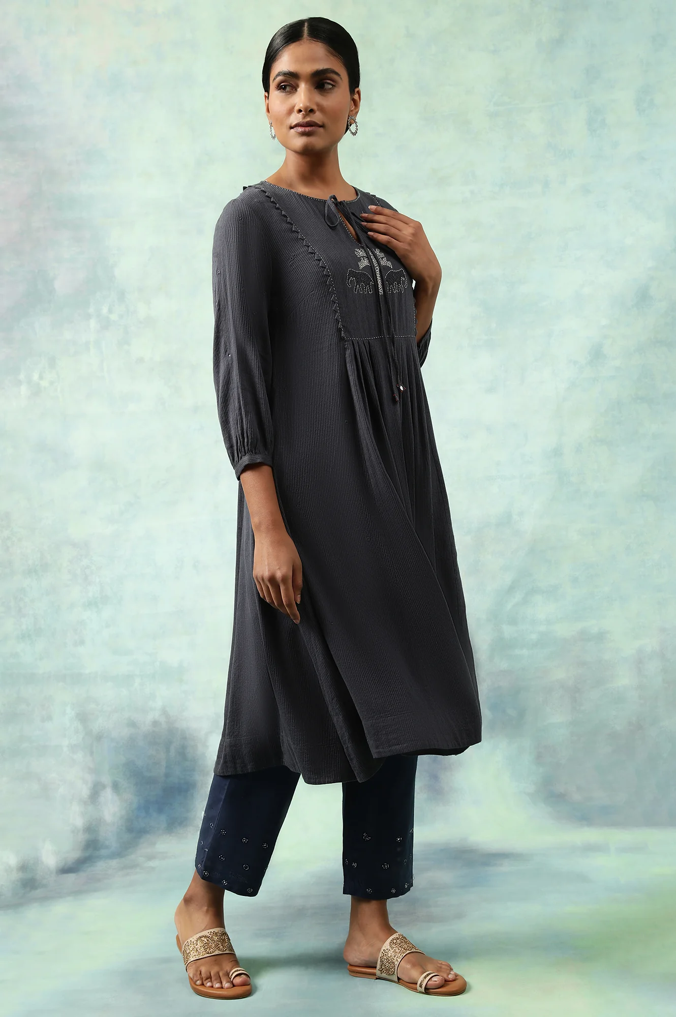 Denim Blue Cotton Viscose Dobby Flared Dress - Image 4