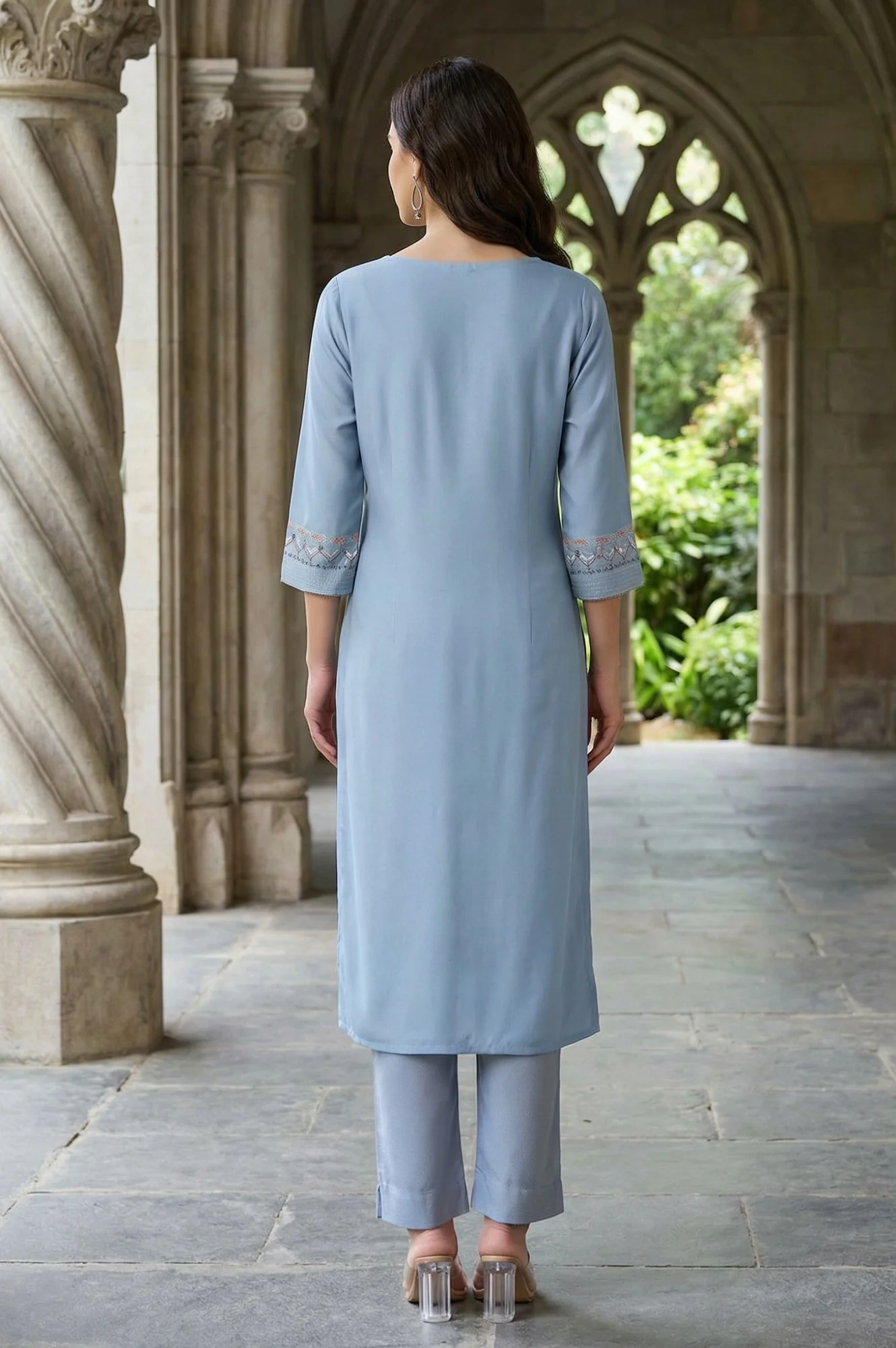 Denim Blue Round Neck Straight Kurta - Image 5