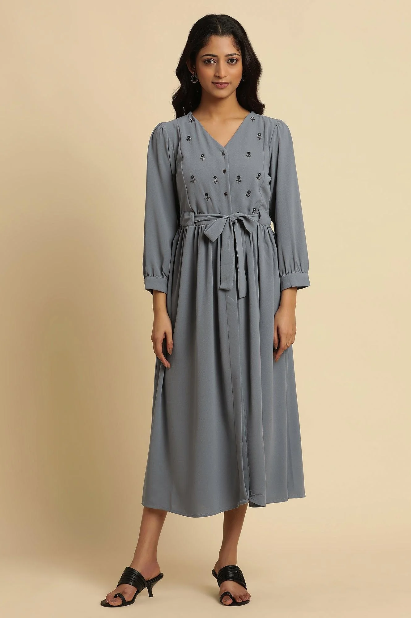 Dusk Blue Embroidered Gathered Dress - Image 2
