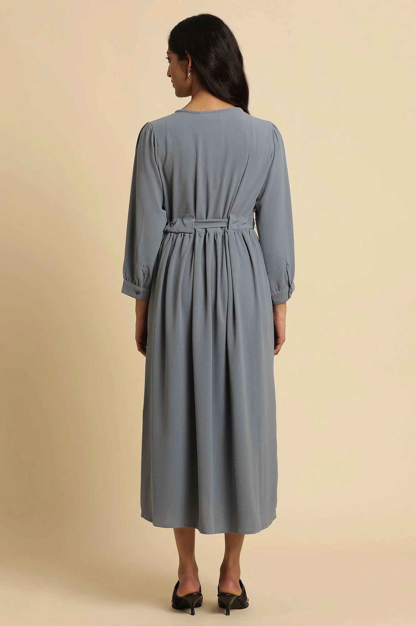 Dusk Blue Embroidered Gathered Dress - Image 4