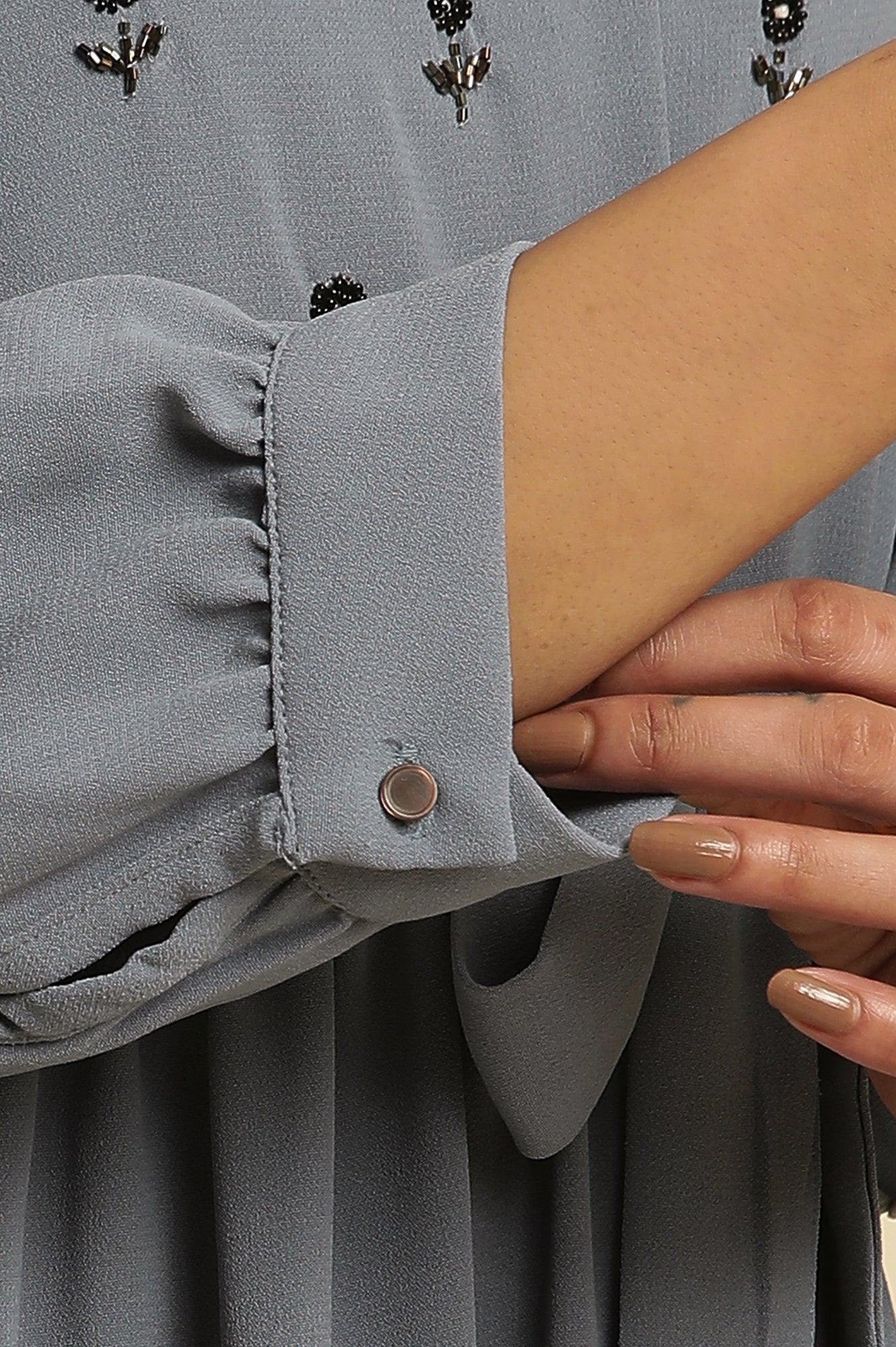 Dusk Blue Embroidered Gathered Dress - Image 8