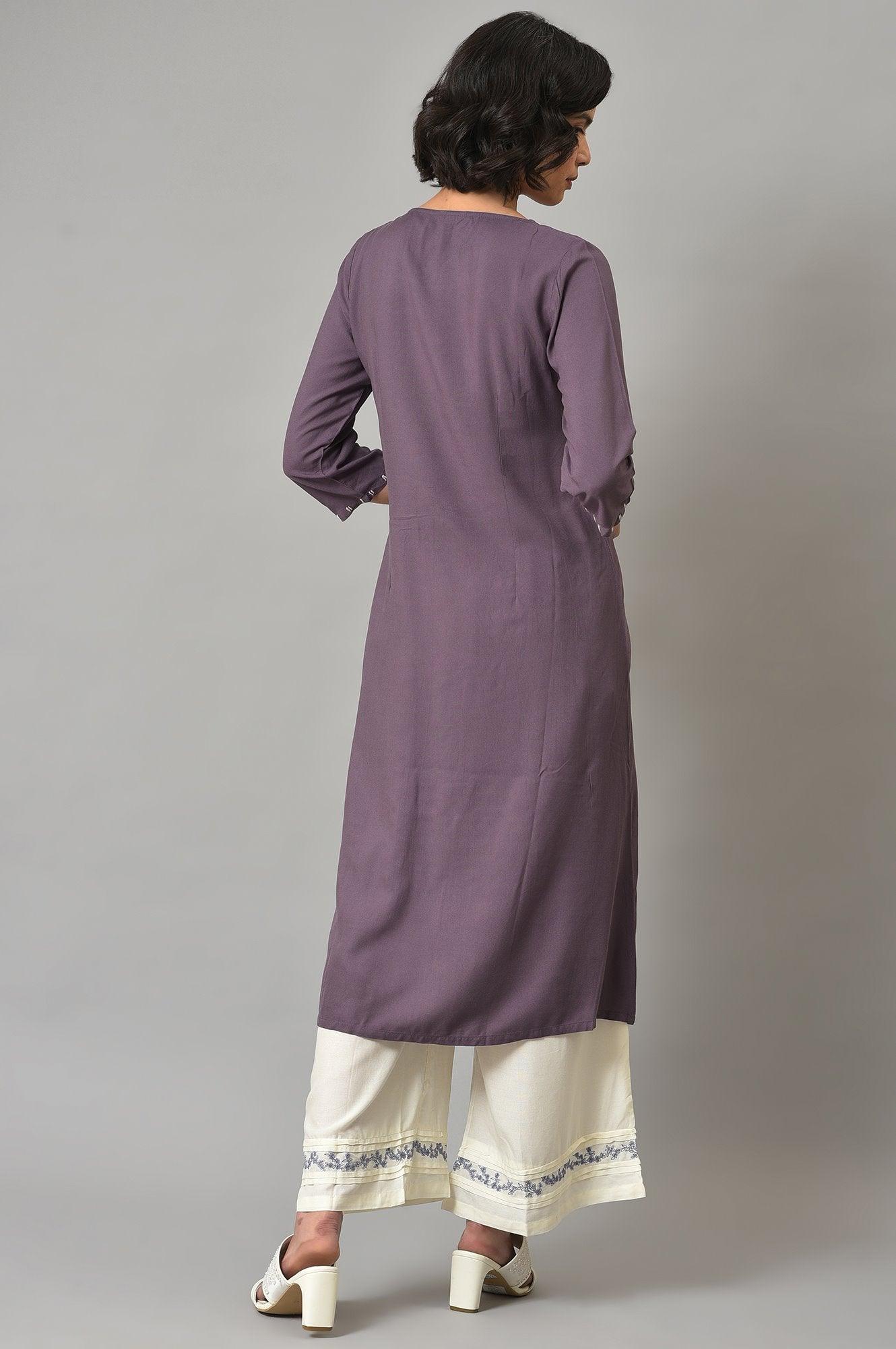 Dusky Purple Floral Printed kurta With Ecru Parallel Pants And Printed Dupatta - Image 2