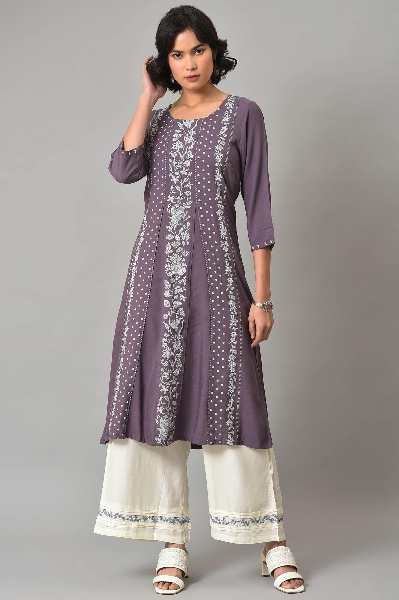 Dusky Purple Floral Printed kurta With Ecru Parallel Pants And Printed Dupatta - Image 9