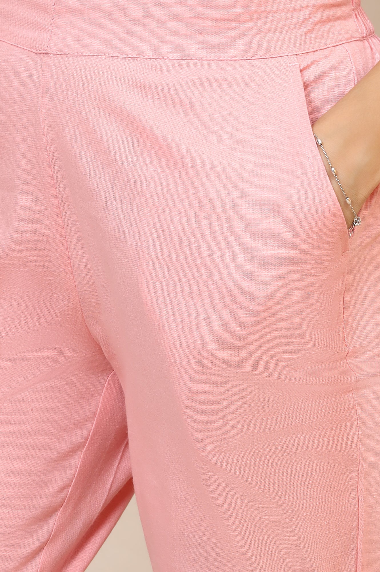 Pink Solid Slim Fit Cotton Trousers With Elasticated Waist - Image 6
