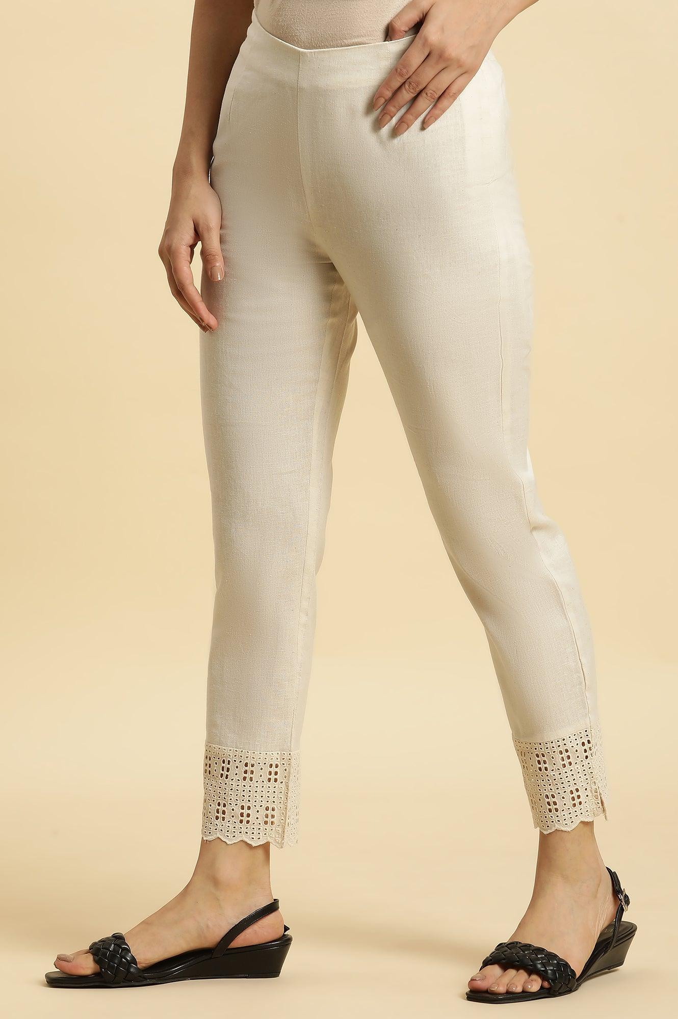 Ecro Solid Cotton Pants With Schiffli Detailing - Image 2