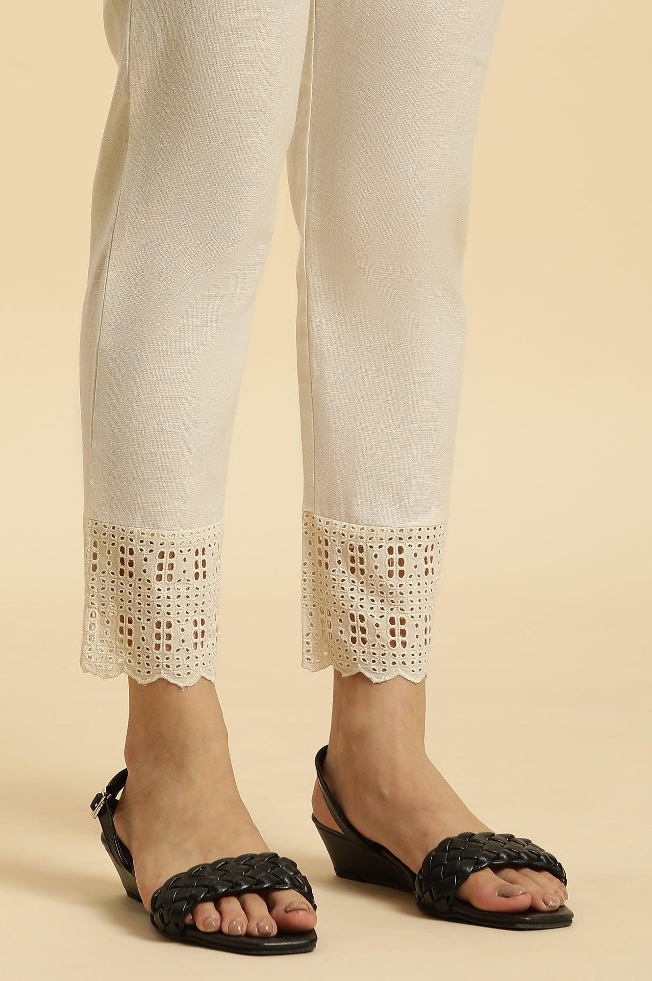 Ecro Solid Cotton Pants With Schiffli Detailing - Image 8
