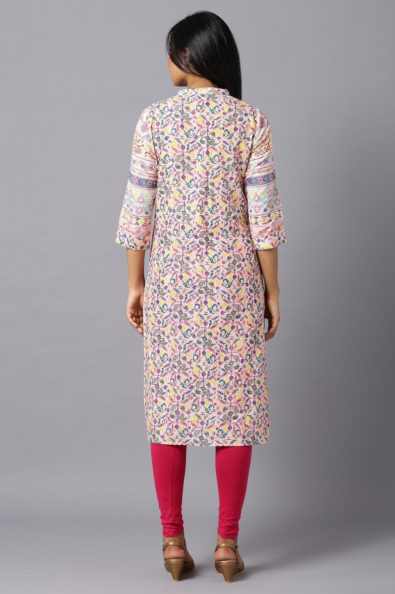 Ecru A-Line kurta With Multi-Coloured Floral Print - Image 2