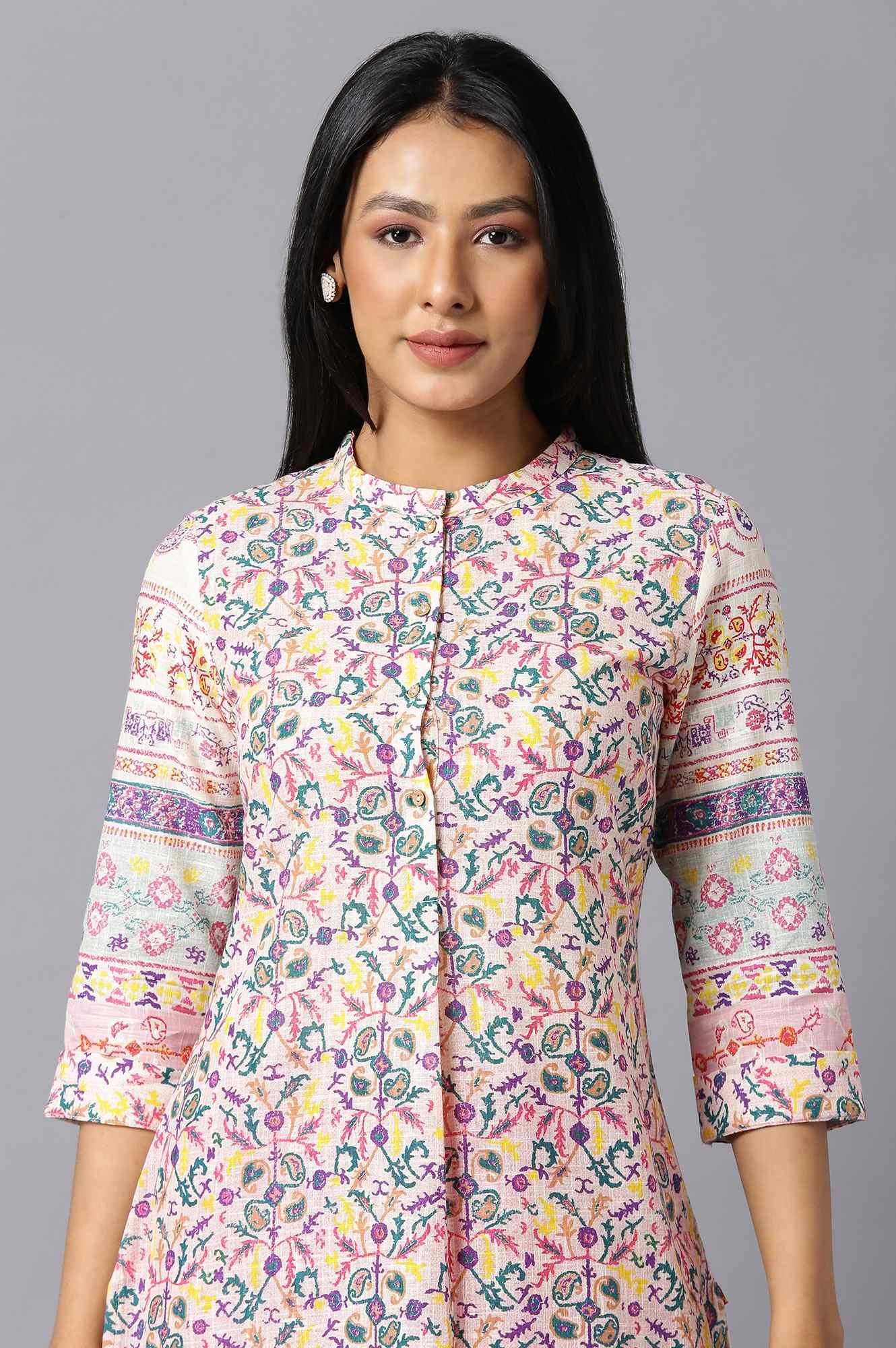 Ecru A-Line kurta With Multi-Coloured Floral Print - Image 5