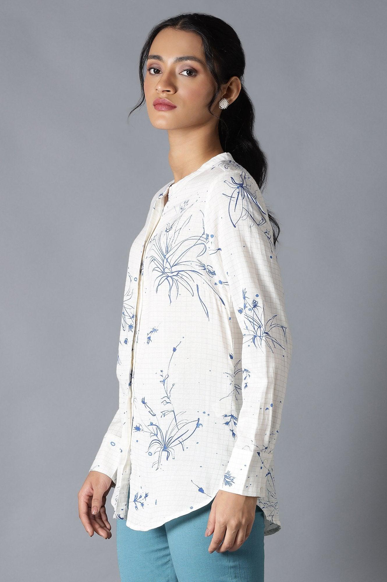 Ecru And Blue Floral Print Shirt - Image 3