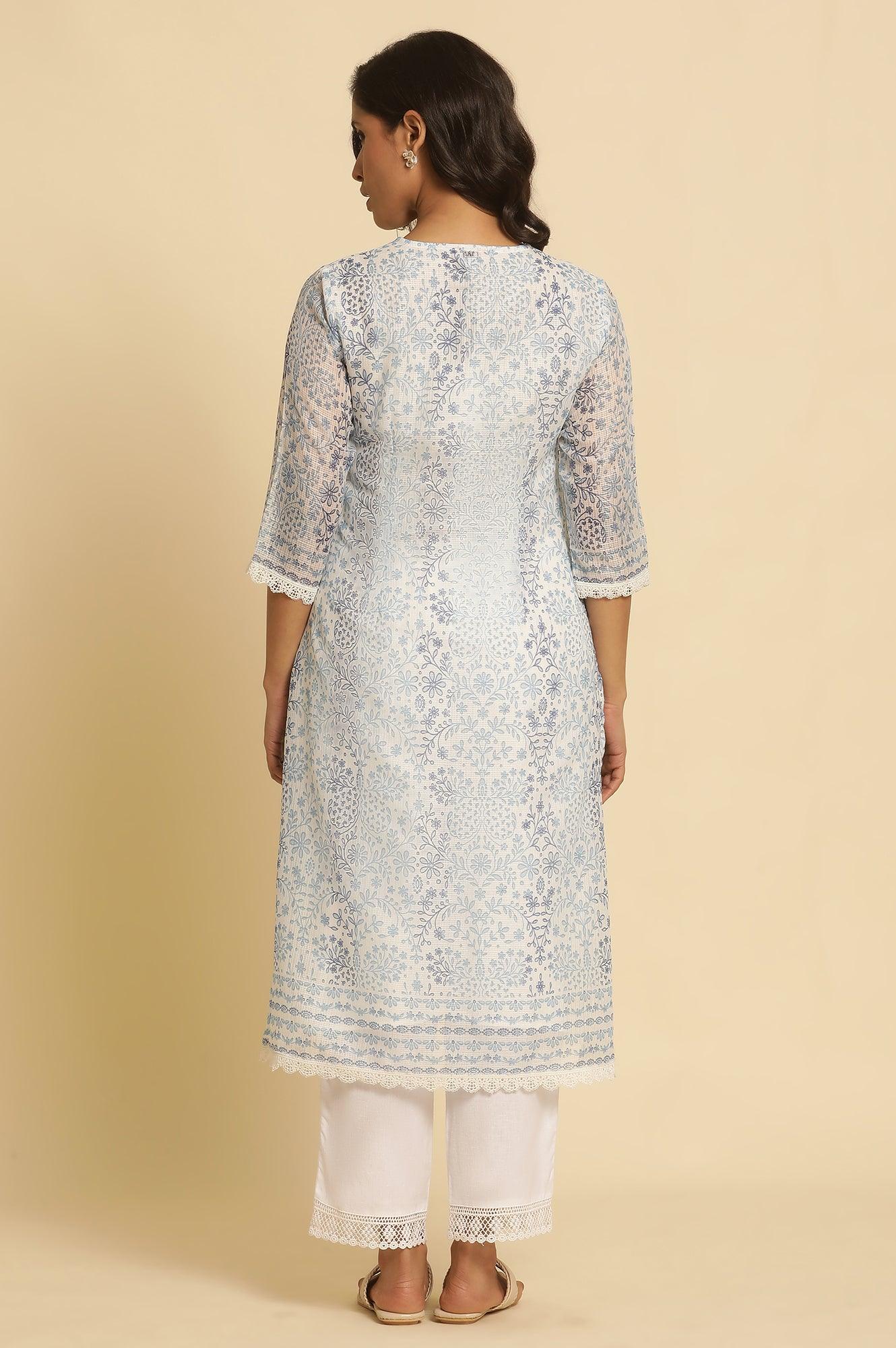 Ecru And Blue Floral Printed Kota Kurta - Image 4