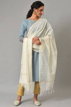 Ecru And Gold Jacquard Dupatta - Image 2