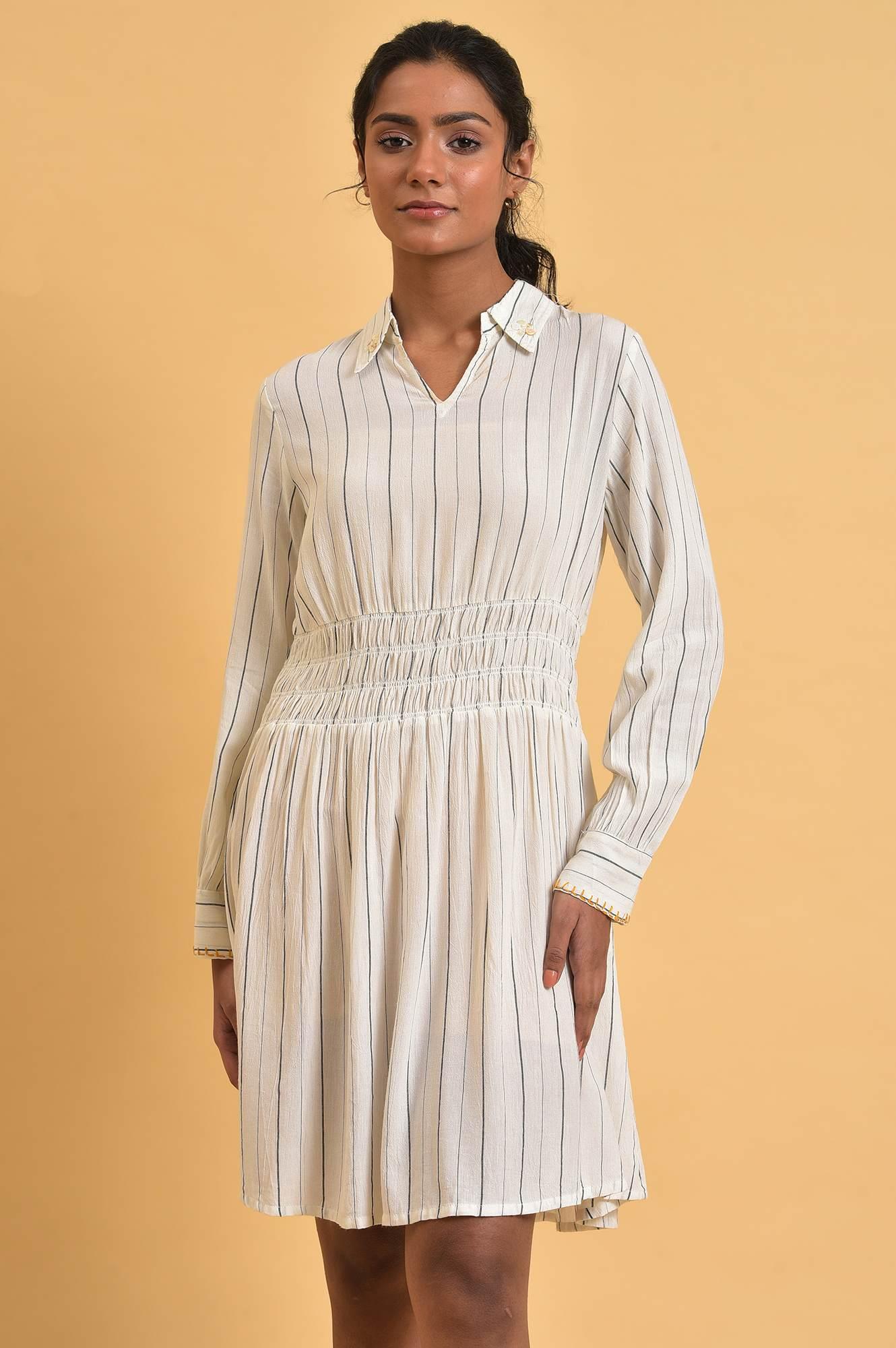 Ecru And Grey Striped Smocking Waist Dress - Image 2