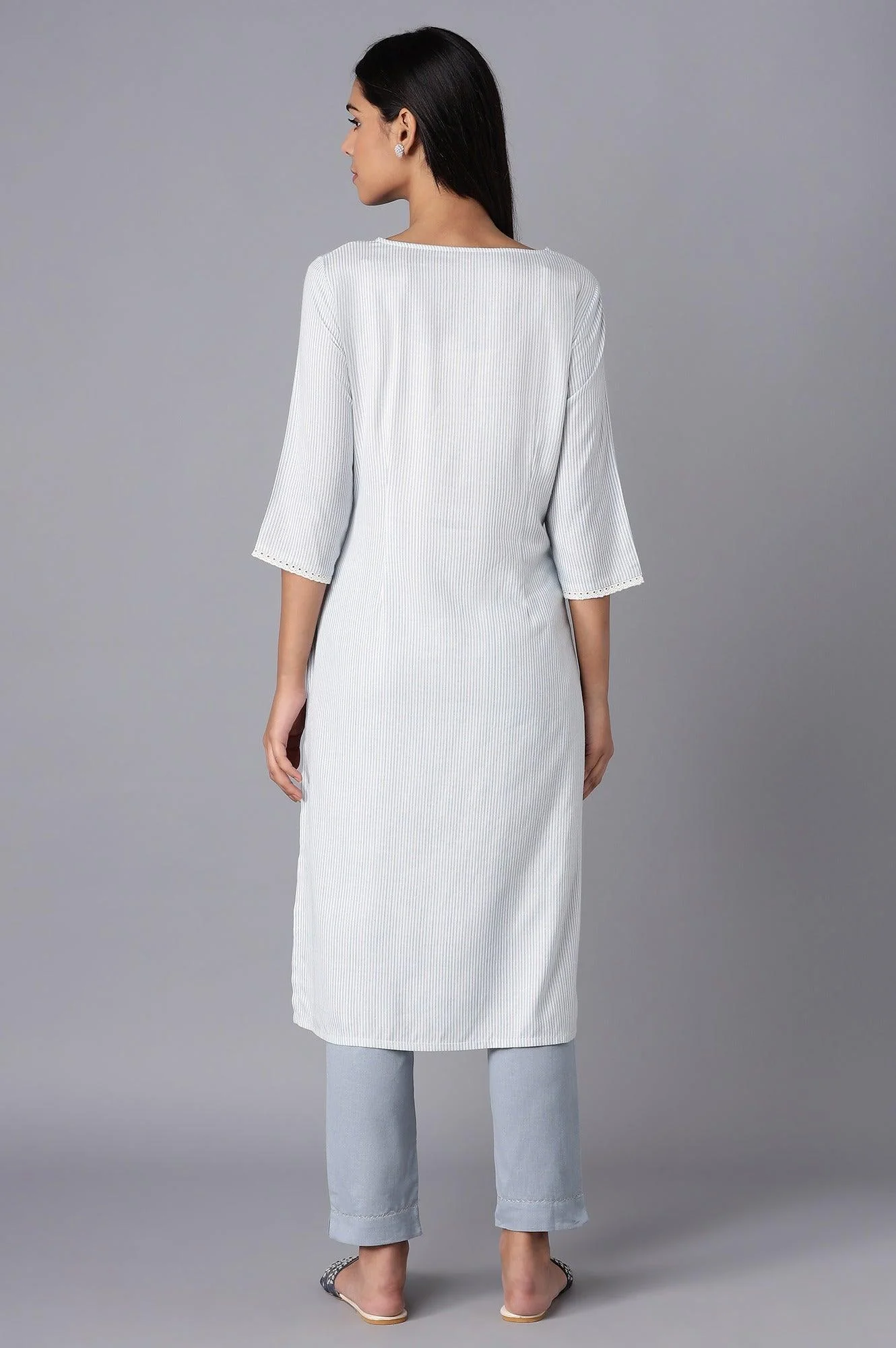 Ecru and Light Blue Stripe Print kurta - Image 2
