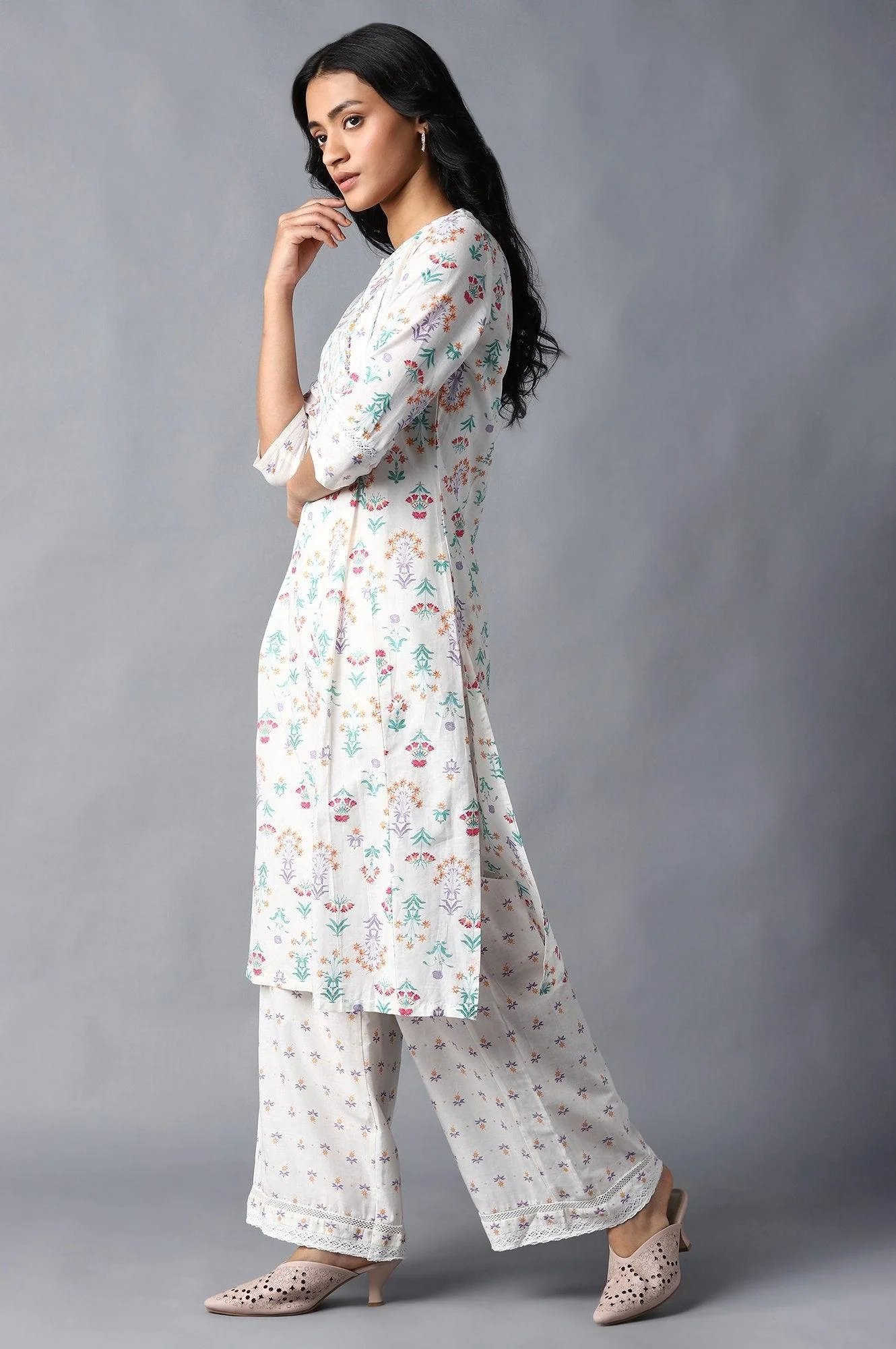 Ecru And Multicoloured Floral Printed In Straight Silhouette - Image 3