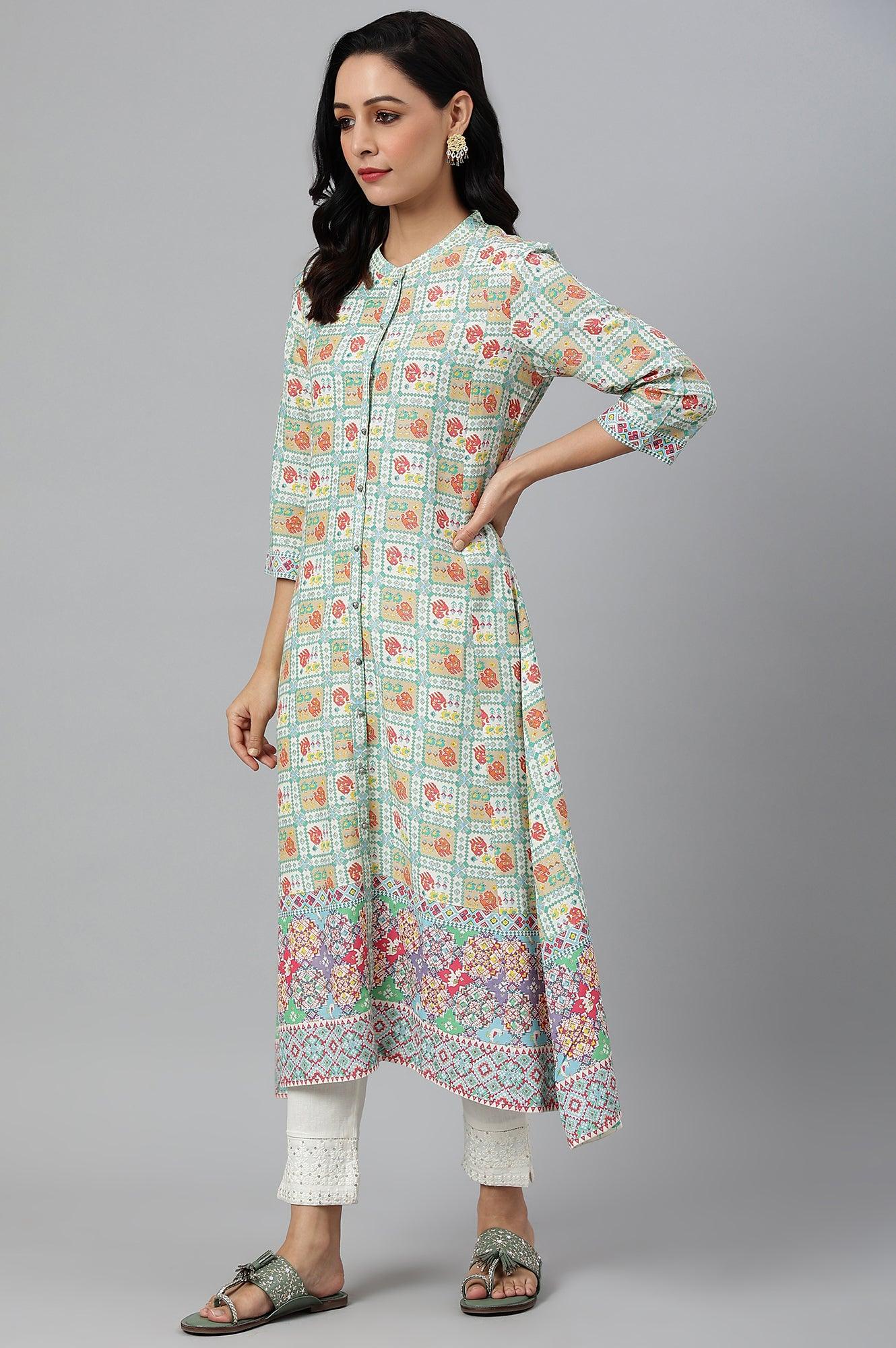 Ecru And Multicoloured Printed Flared kurta - Image 3