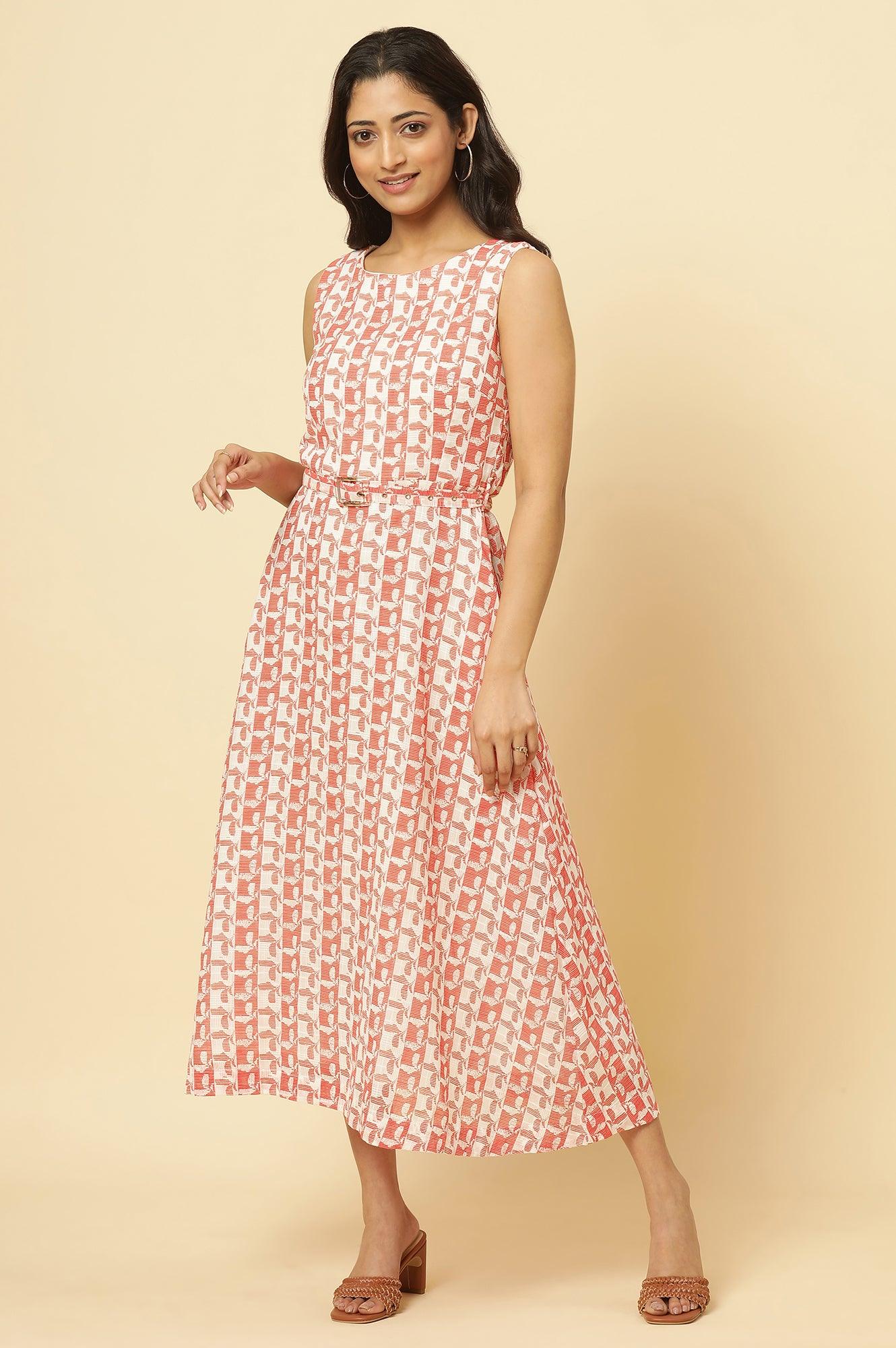 Ecru And Orange Printed Sleeveless Western Dress - Image 3