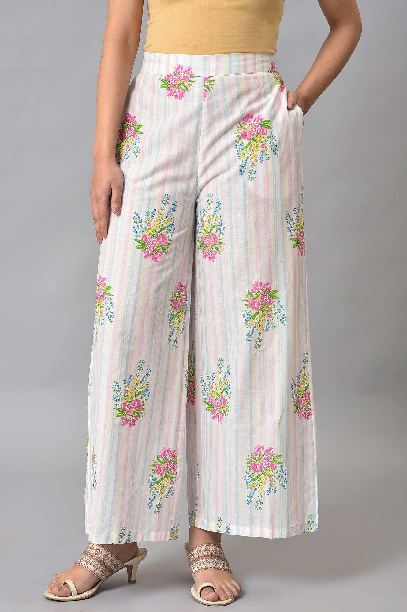 Ecru And Pink Floral Printed Parallel Pants